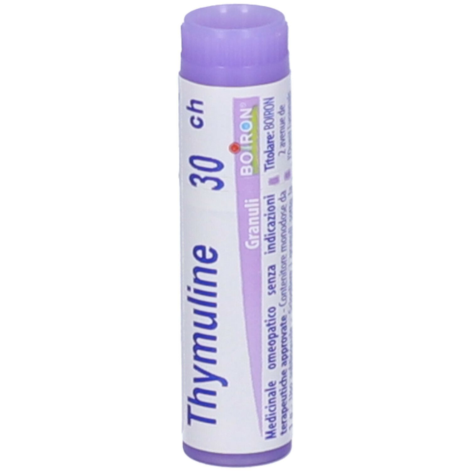 Confezione cilindrica con nome, dosaggio e scadenza. Tappo viola. Marchio Boiron.