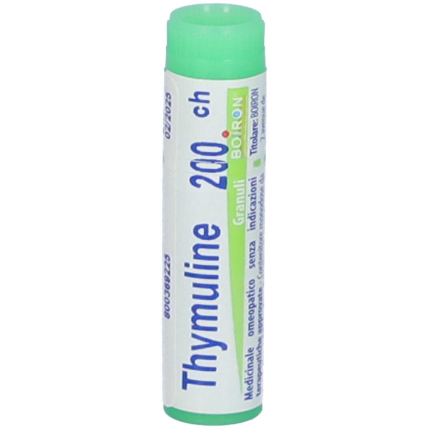 Confezione cilindrica con tappo verde. Scritta: Thymuline 200 ch, Granuli, BOIRON. Informazioni.