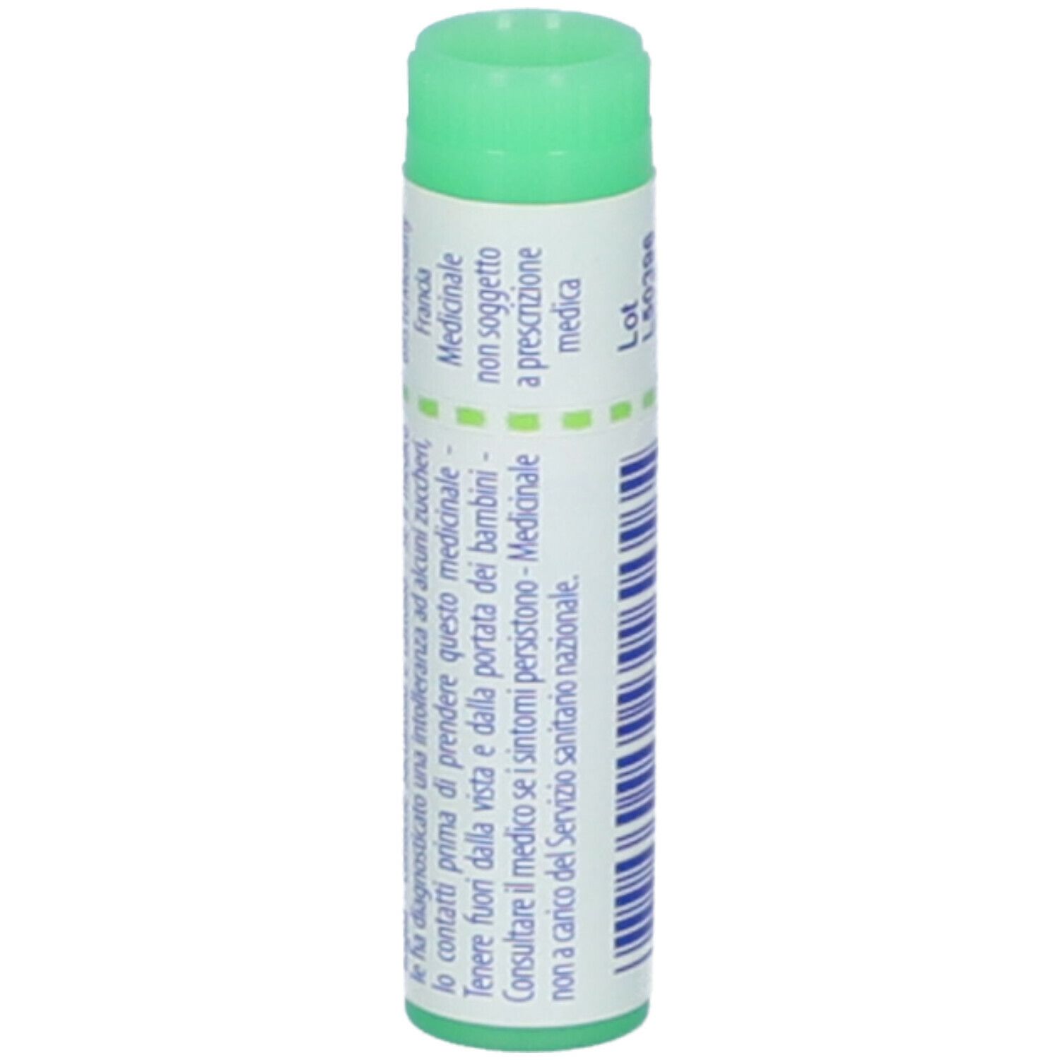Confezione cilindrica con tappo verde. Scritta: Thymuline 200 ch. Informazioni e avvertenze.