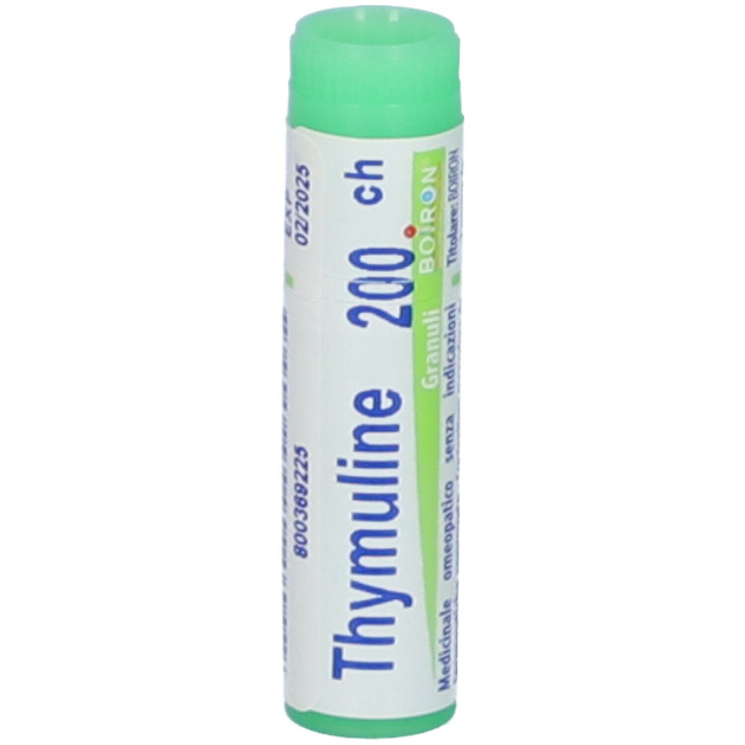 Confezione cilindrica con tappo verde. Scritta: Thymuline 200 ch, Granuli, BOIRON. Informazioni.