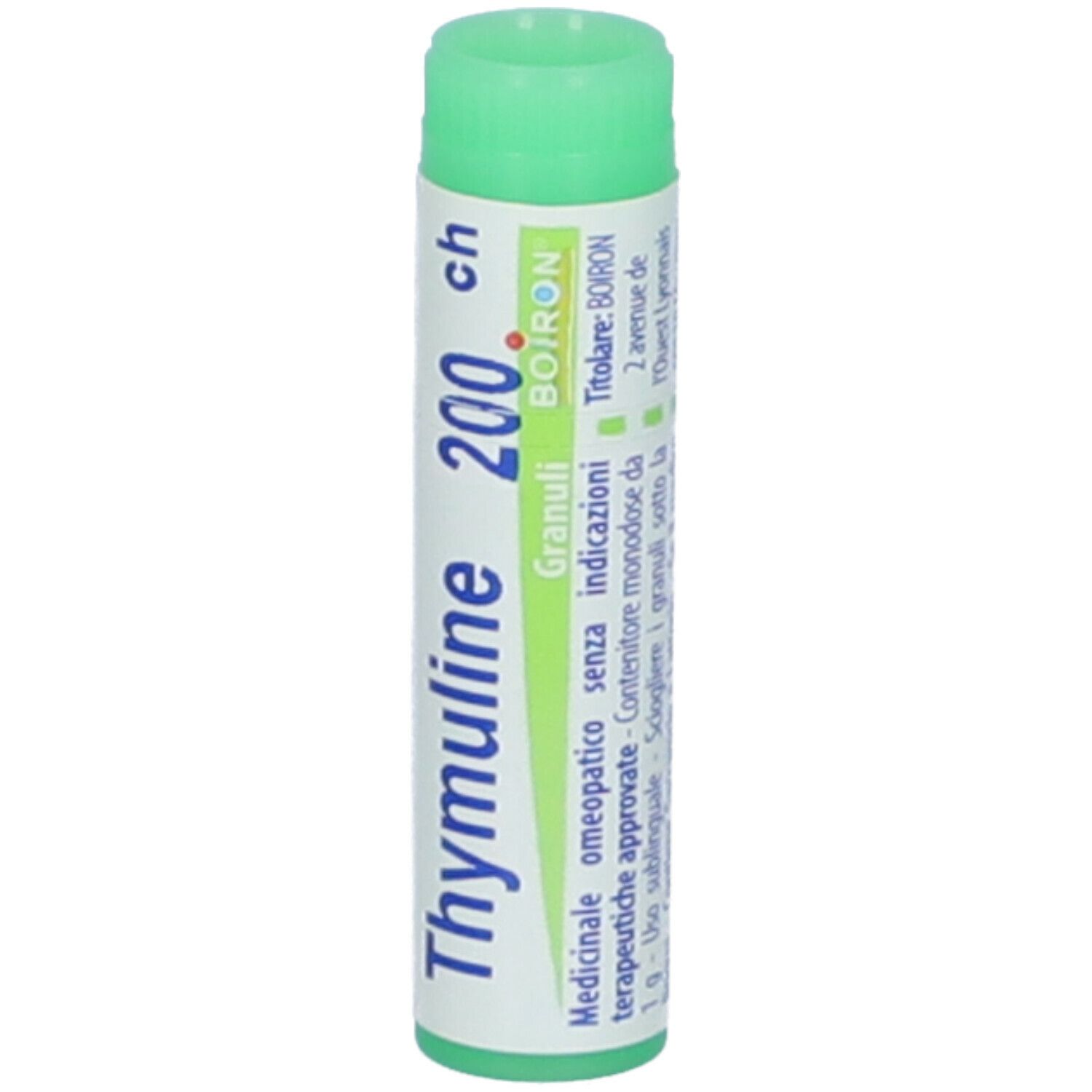 Confezione cilindrica con tappo verde. Scritta: Thymuline 200 ch, Granuli, BOIRON. Informazioni.