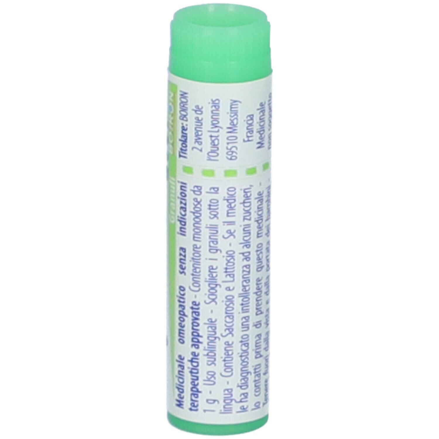 Confezione cilindrica con tappo verde. Scritta: Thymuline 200 ch, Granuli, BOIRON. Informazioni.