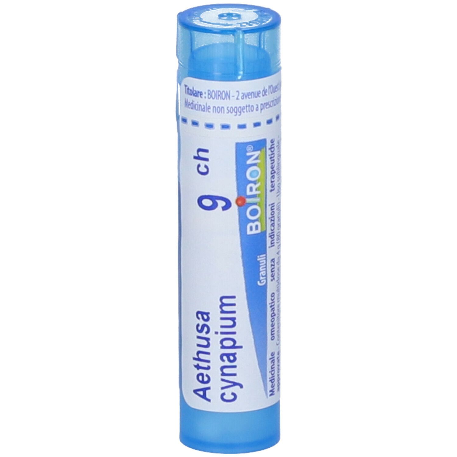 Confezione cilindrica blu con etichetta bianca. Scritta Aethusa cynapium 9 ch, marchio Boiron.