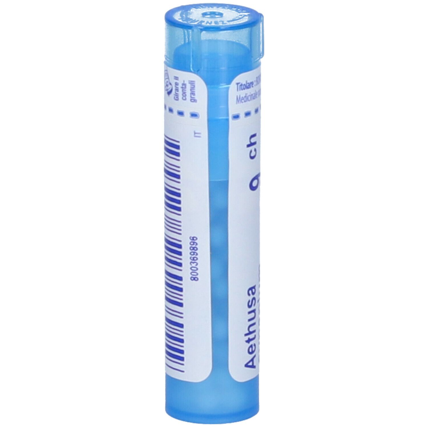 Confezione cilindrica blu con etichetta bianca. Scritta Aethusa, 9 ch, codice a barre.