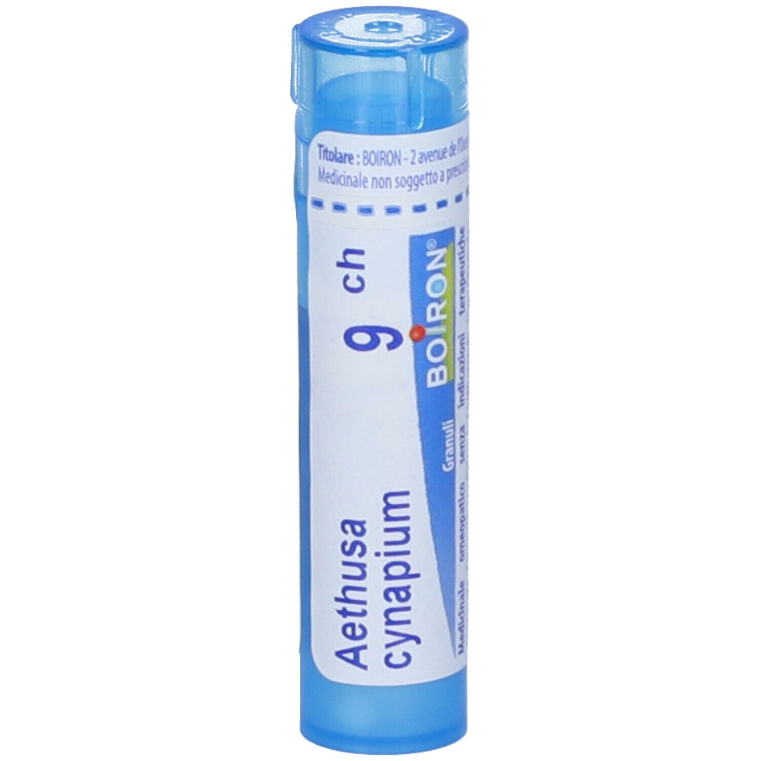 Confezione cilindrica blu con etichetta bianca. Scritta Aethusa cynapium 9 ch, marchio Boiron.