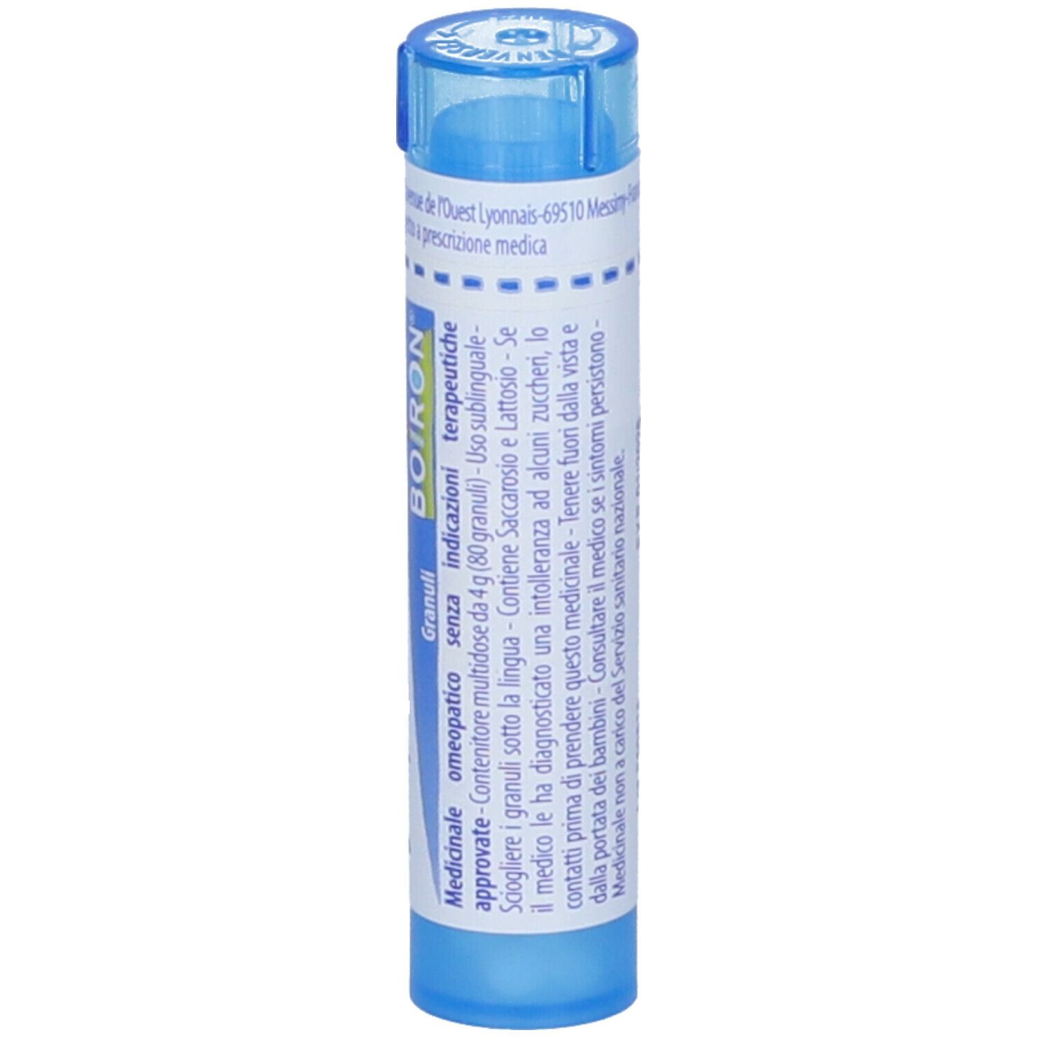 Confezione cilindrica blu con etichetta bianca. Scritta Aethusa cynapium 9 ch, marchio Boiron.