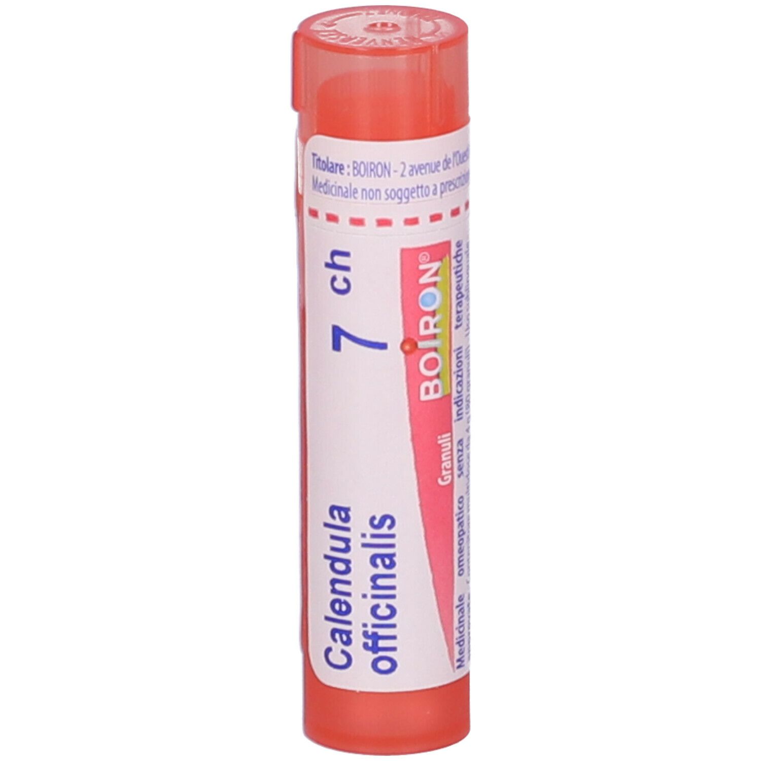 Flacone cilindrico arancione. Scritta: Calendula officinalis, 7 ch, BOIRON. Tappo rosso.