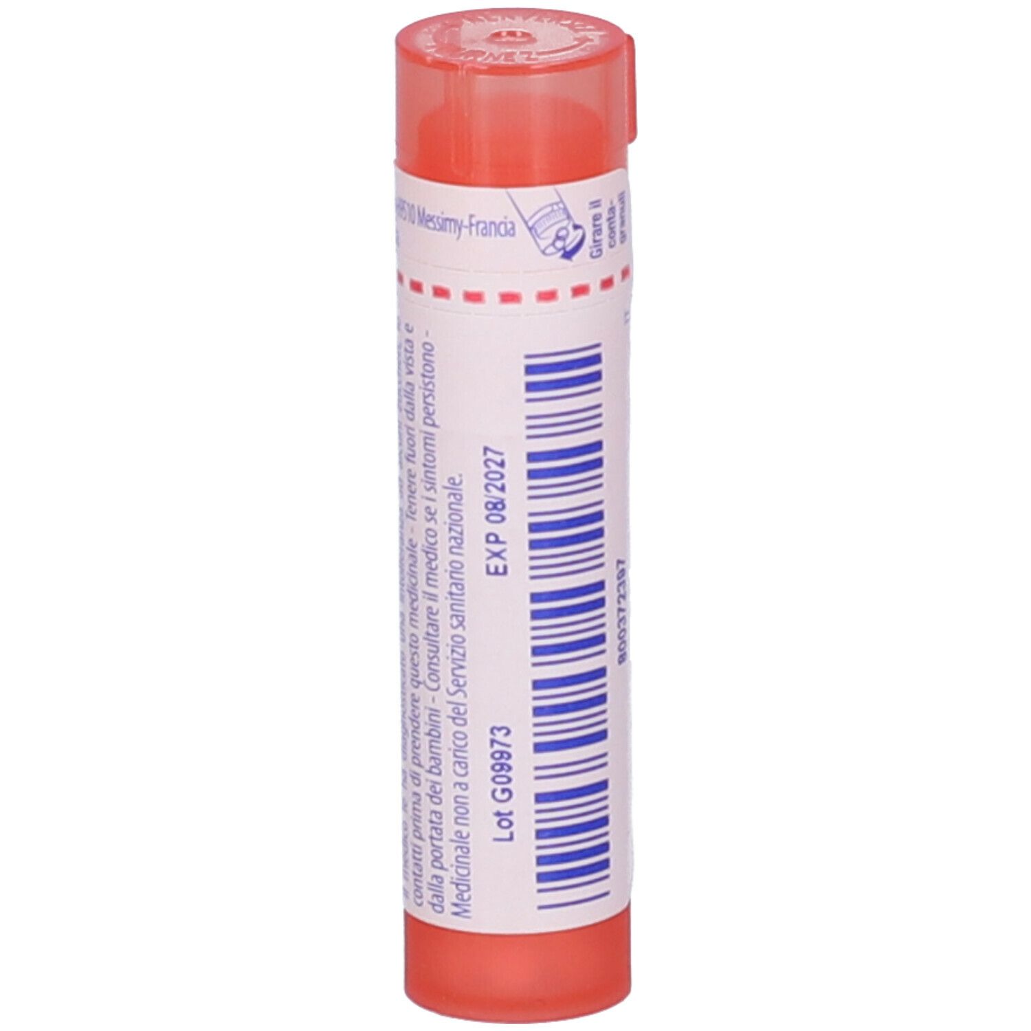 Flacone cilindrico arancione. Scritta: EXP 08/2027. Etichetta bianca con codice a barre.
