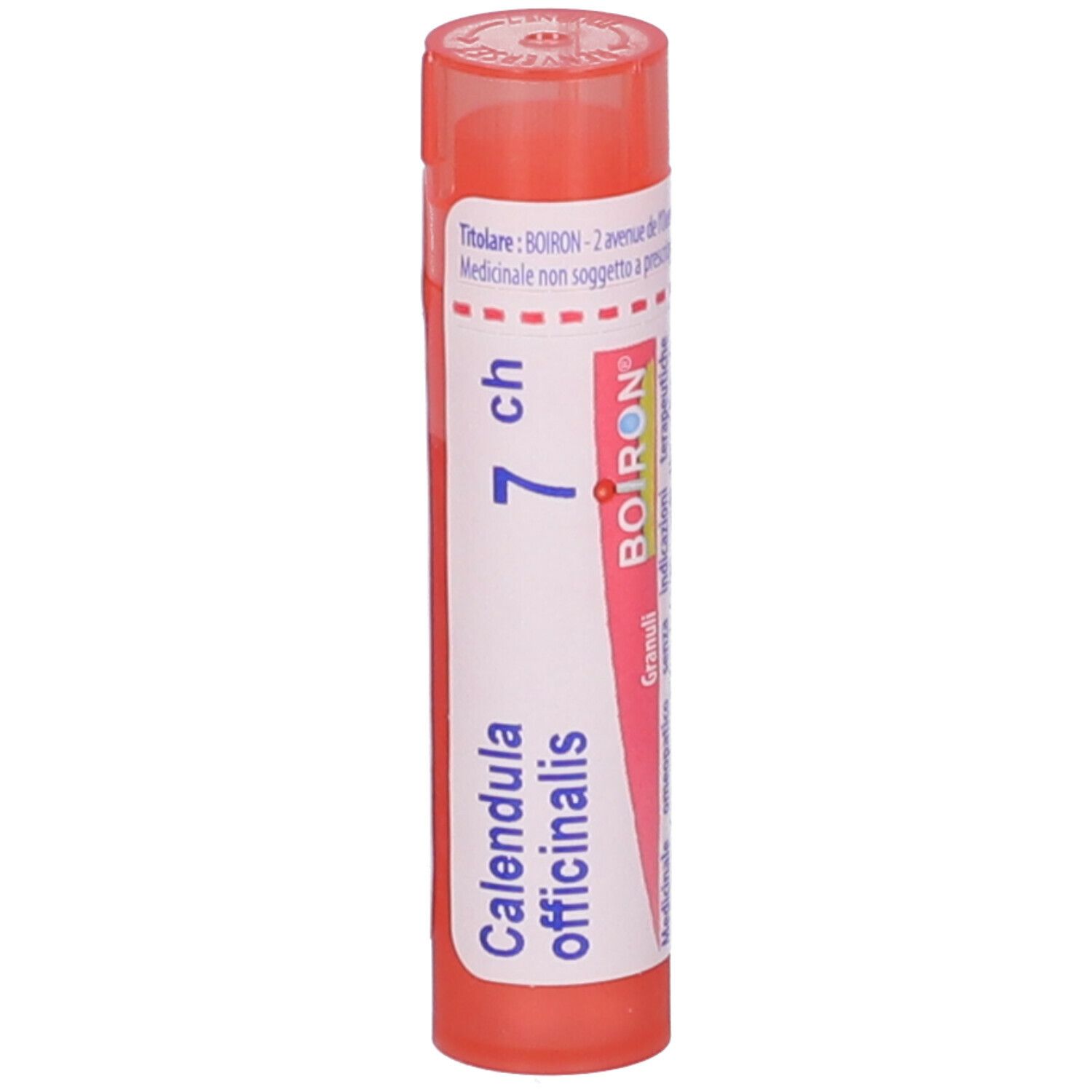 Flacone cilindrico arancione. Scritta: Calendula officinalis, 7 ch, BOIRON. Tappo rosso.