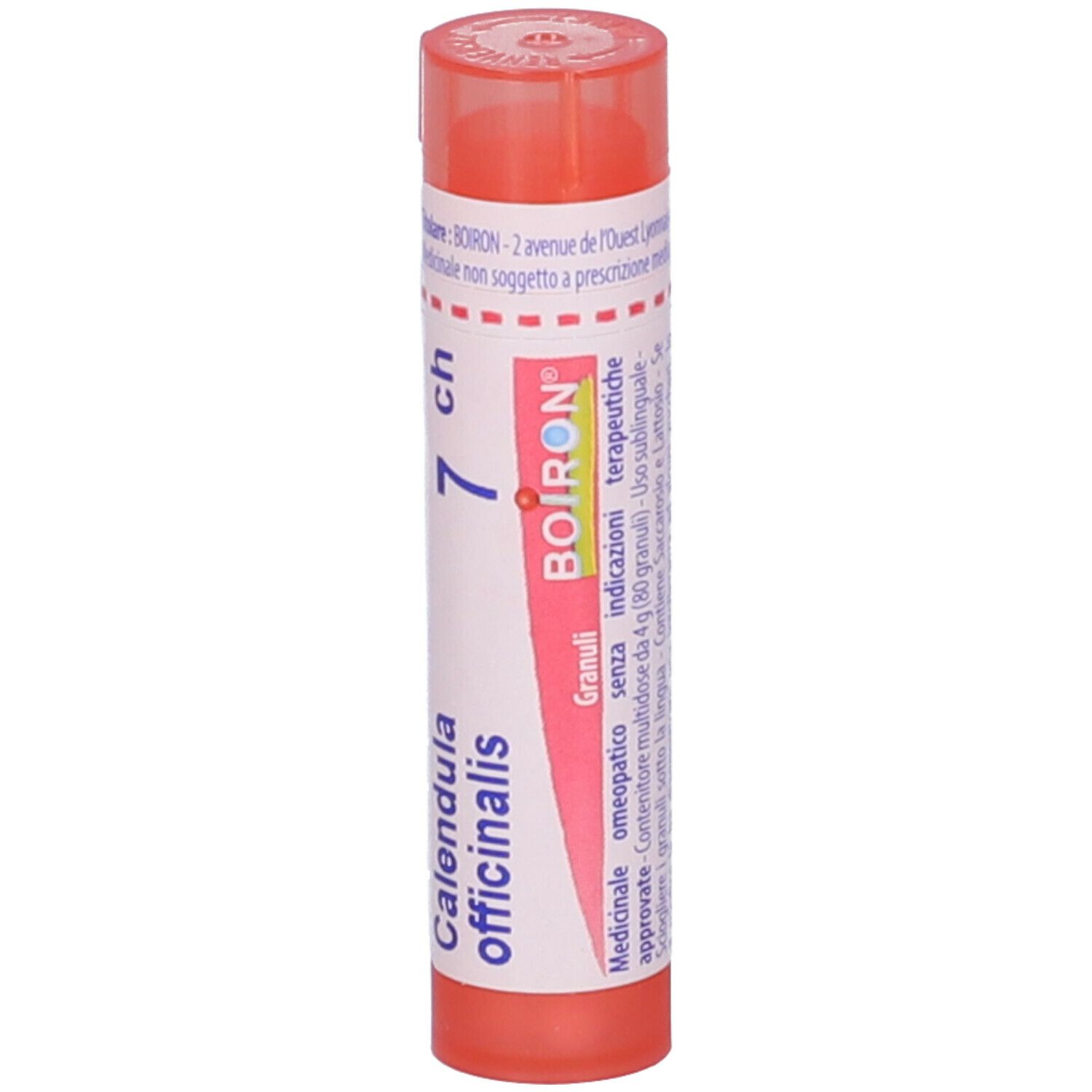 Flacone cilindrico arancione. Scritta: Calendula officinalis, 7 ch, BOIRON. Tappo rosso.