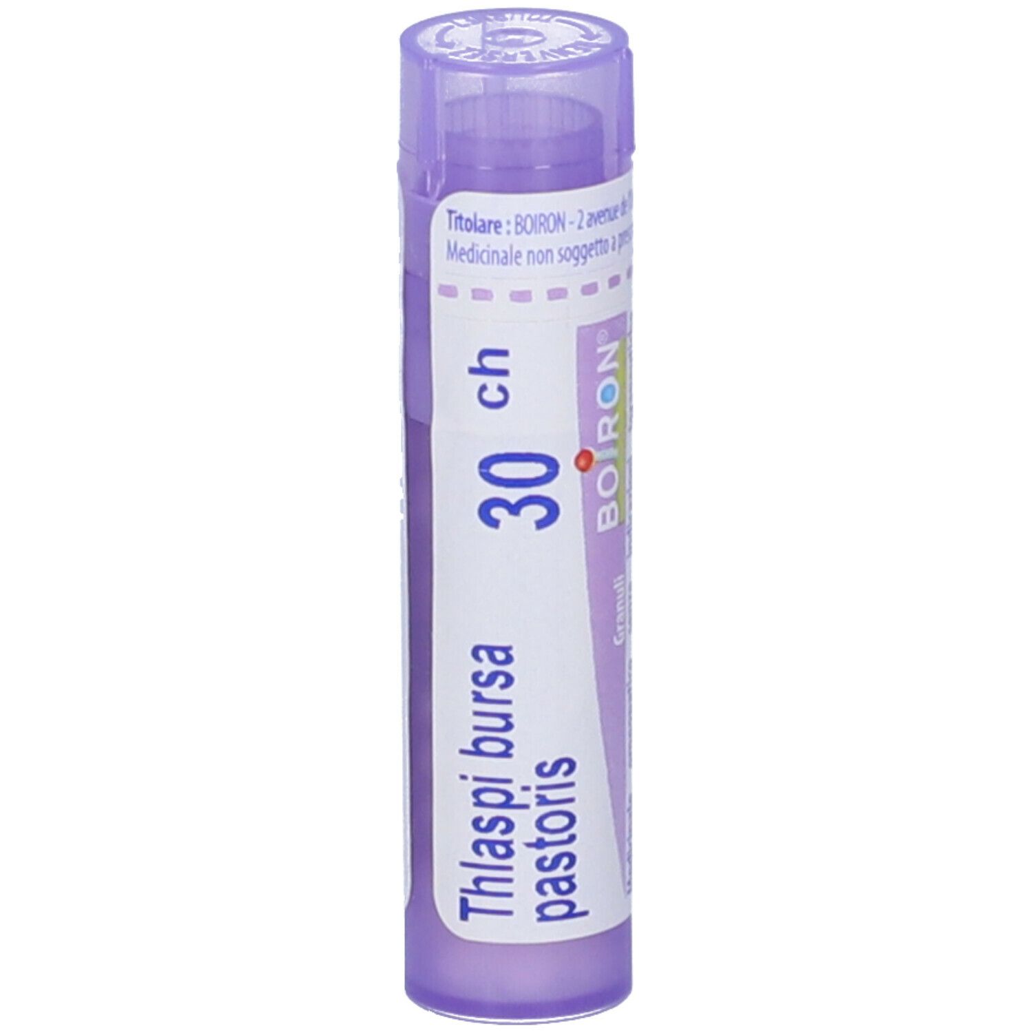 Flacone viola con testo bianco. Scritta: Thlaspi bursa pastoris, 30 ch, BOIRON. Forma cilindrica.
