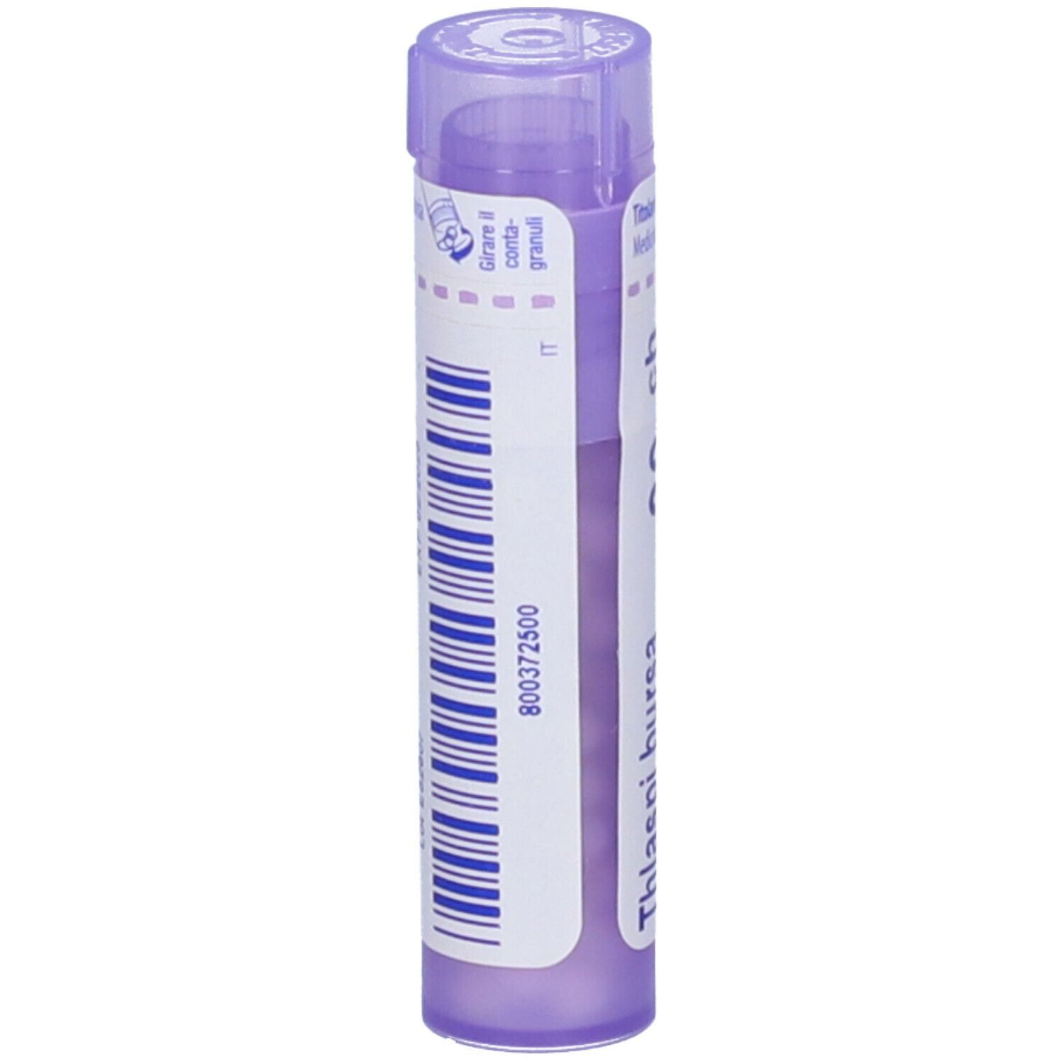 Flacone viola con testo bianco e codice a barre. Scritta: Thlaspi bursa pastoris. Forma cilindrica.