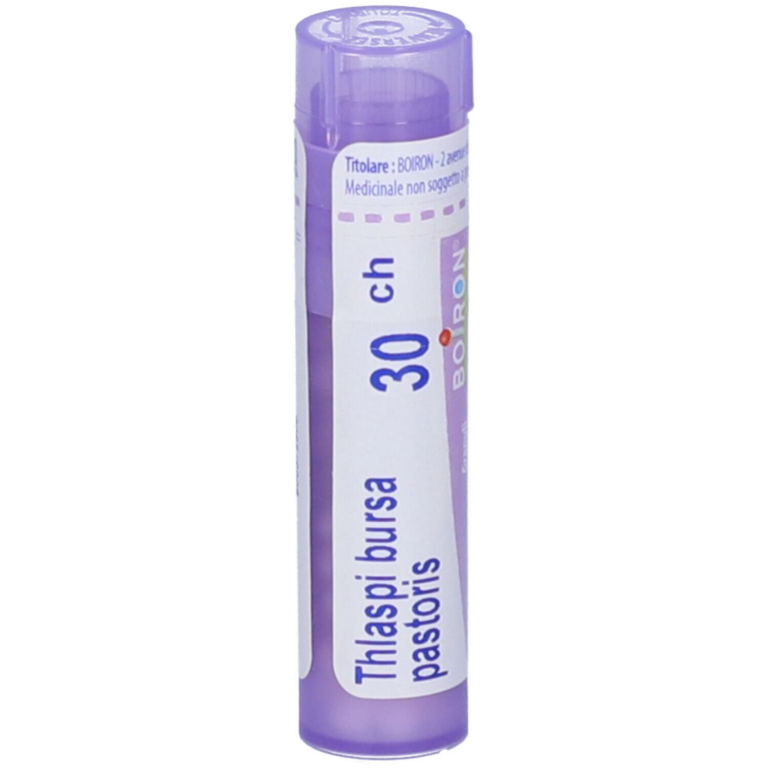 Flacone viola con testo bianco. Scritta: Thlaspi bursa pastoris, 30 ch, BOIRON. Forma cilindrica.