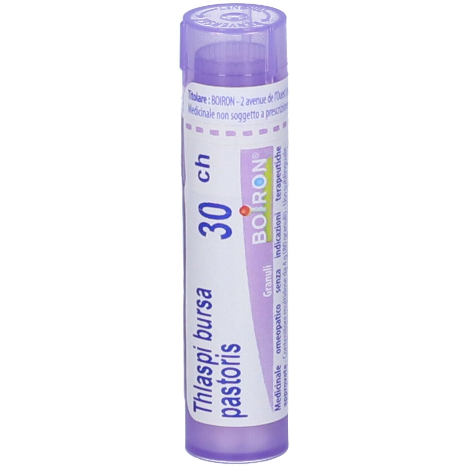 Flacone viola con testo bianco. Scritta: Thlaspi bursa pastoris, 30 ch, BOIRON. Forma cilindrica.