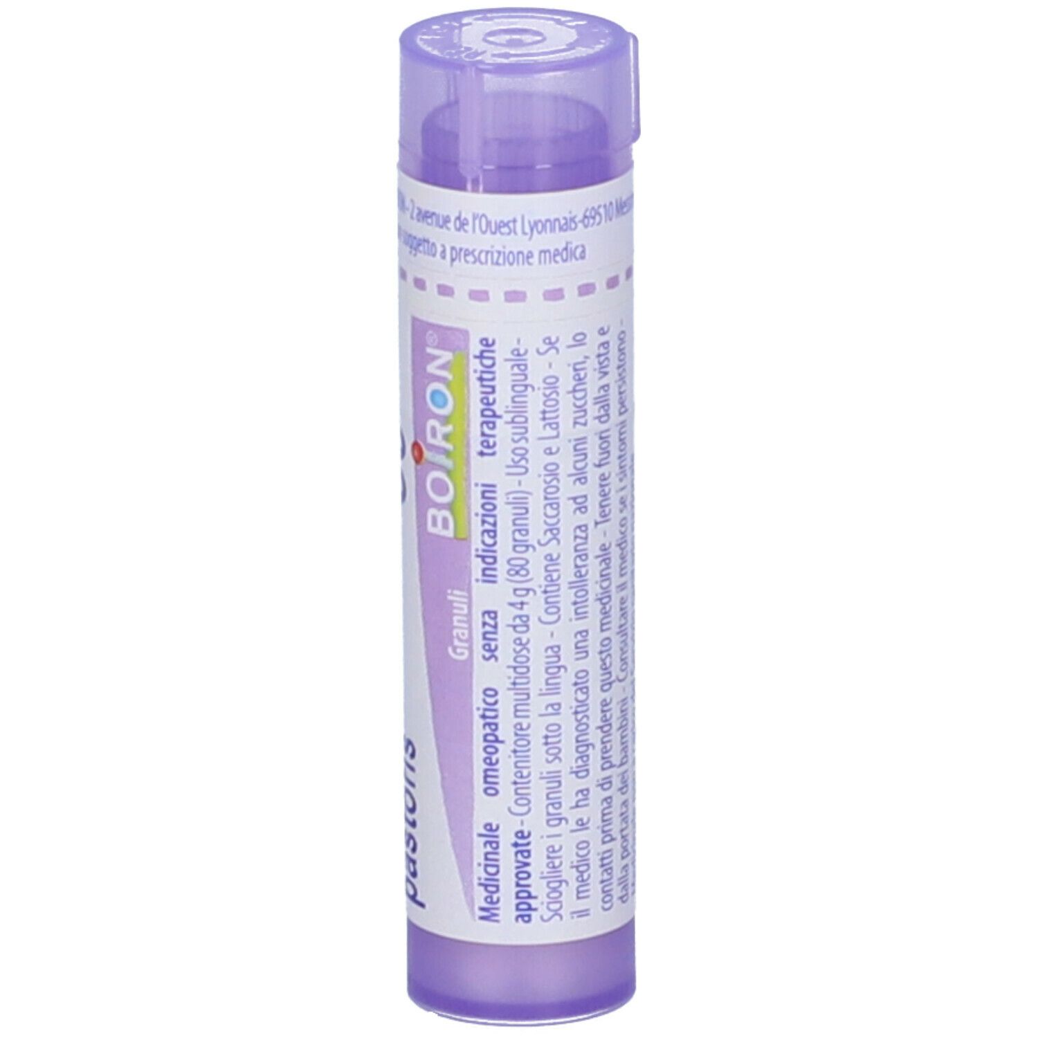 Flacone viola con testo bianco. Scritta: Thlaspi bursa pastoris, BOIRON. Forma cilindrica.