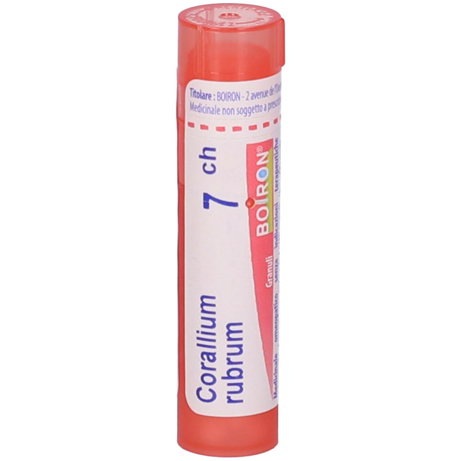 Confezione cilindrica rosa. Scritta: Corallium rubrum 7 ch, BOIRON. Etichetta bianca con informazioni.