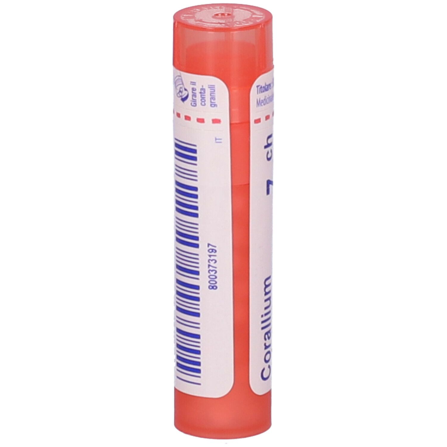 Confezione cilindrica rosa. Scritta: Corallium, 7 ch. Etichetta bianca con informazioni e codice a barre.
