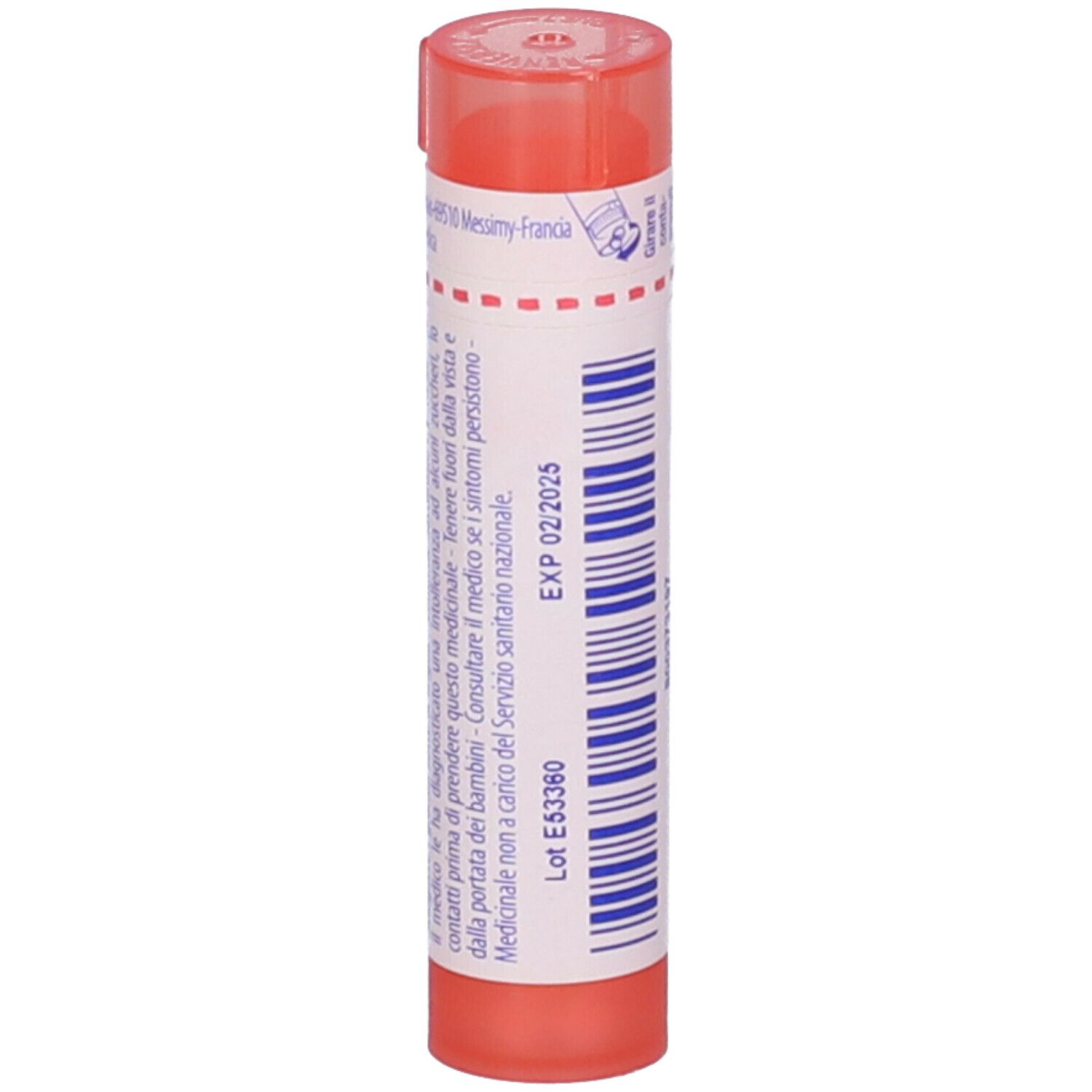 Confezione cilindrica rosa. Scritta: EXP 02 2025. Etichetta bianca con informazioni.