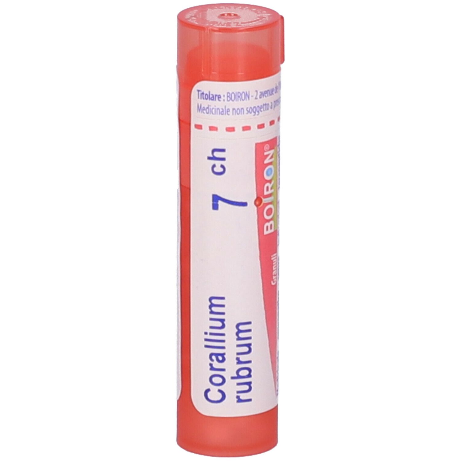 Confezione cilindrica rosa. Scritta: Corallium rubrum 7 ch, BOIRON. Etichetta bianca con informazioni.