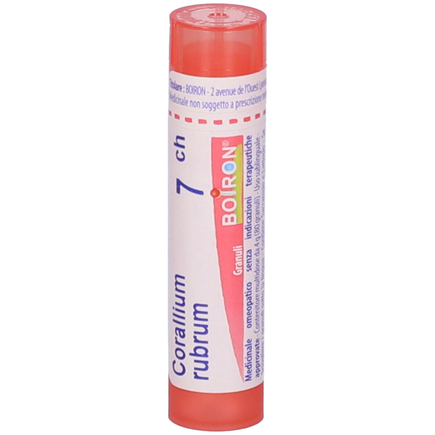 Confezione cilindrica rosa. Scritta: Corallium rubrum 7 ch, BOIRON. Etichetta bianca con informazioni.