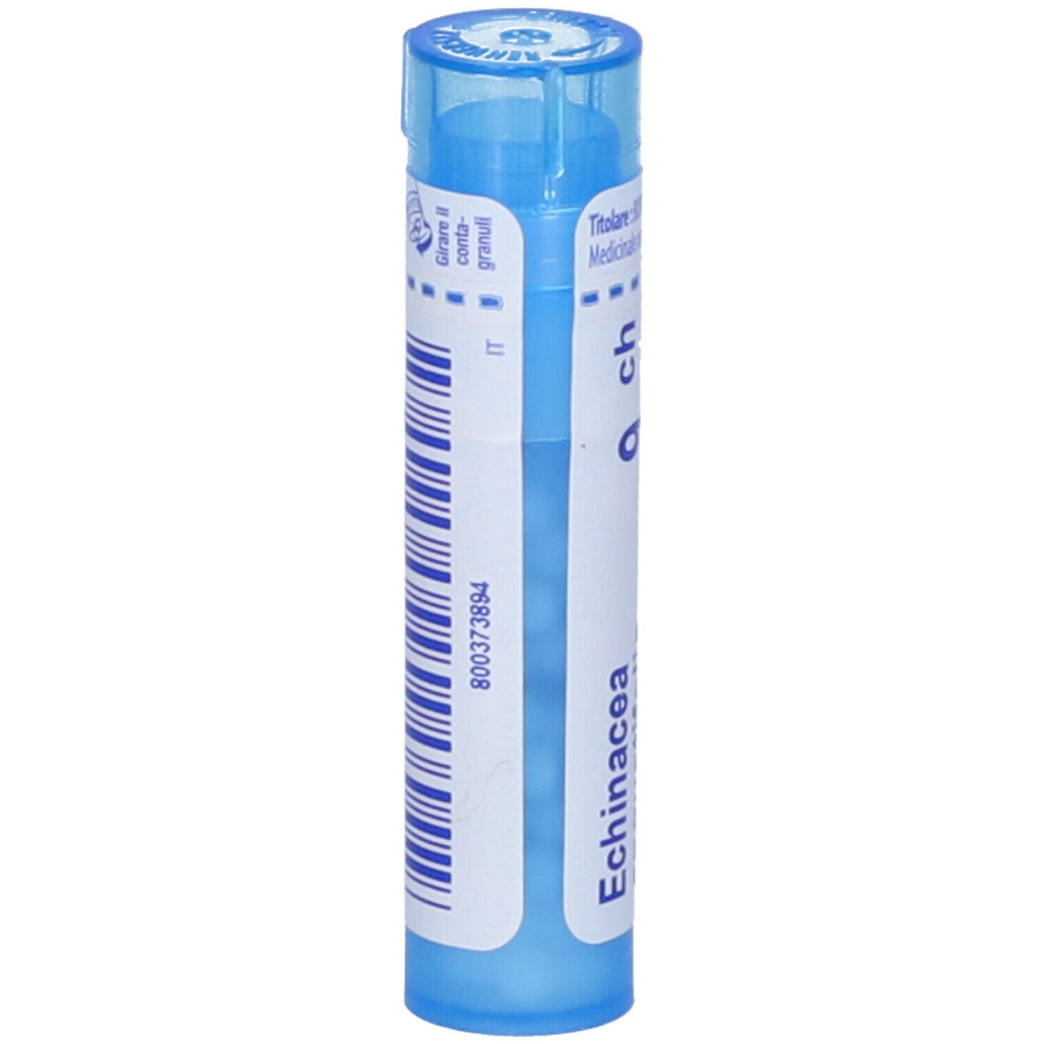 Confezione cilindrica blu. Scritta: Echinacea, 9 ch. Con codice a barre ed etichetta bianca.