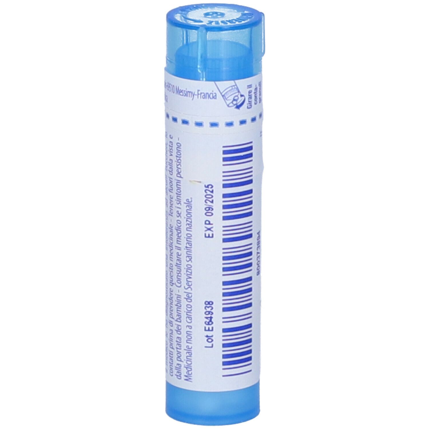 Confezione cilindrica blu. Scritta: EXP 09 2025, Lot E64938. Con etichetta bianca.