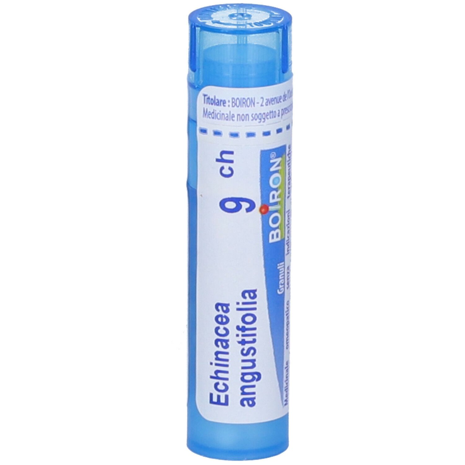 Confezione cilindrica blu. Scritta: Echinacea angustifolia 9 ch, BOIRON. Con punto rosso.