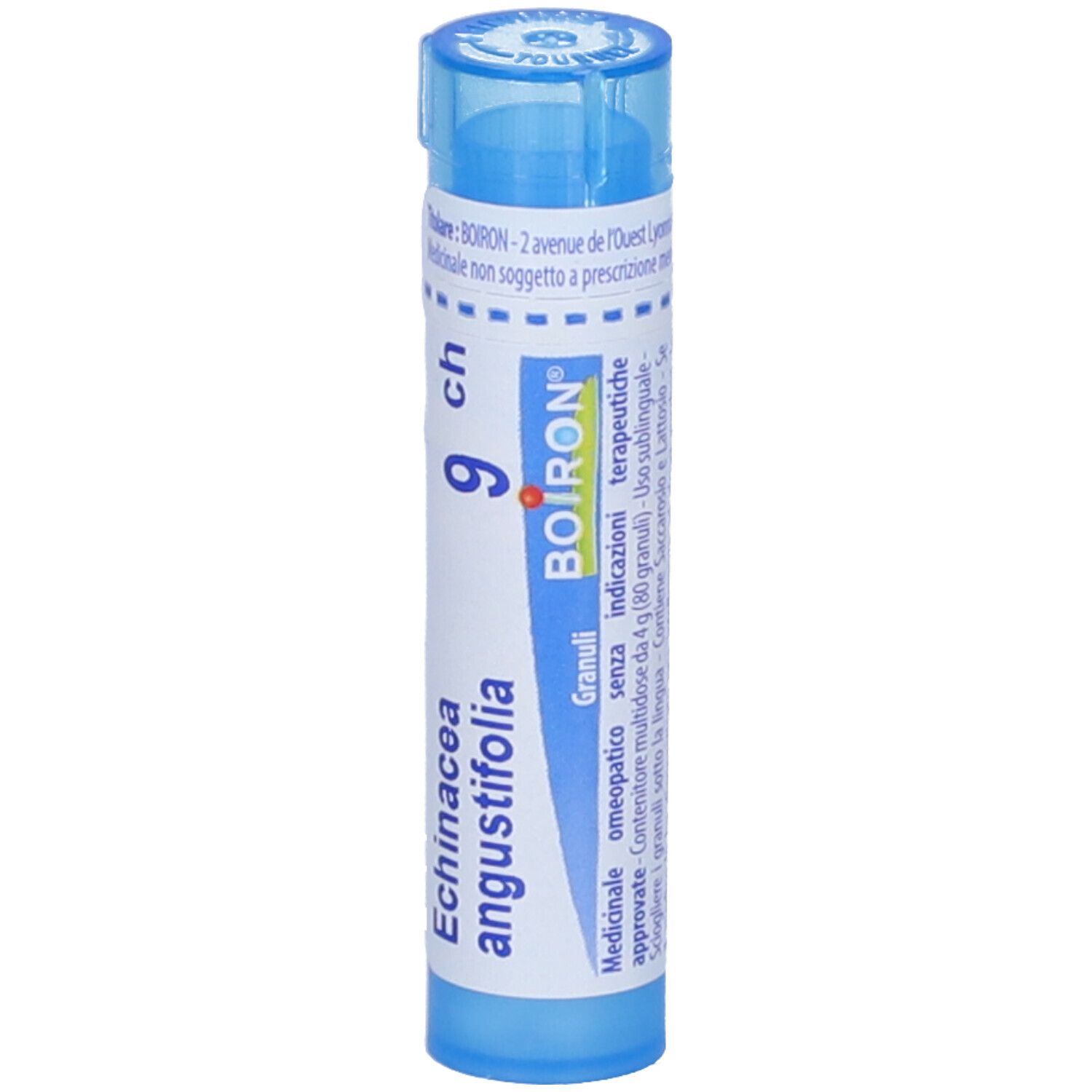 Confezione cilindrica blu. Scritta: Echinacea angustifolia 9 ch, BOIRON. Con punto rosso.