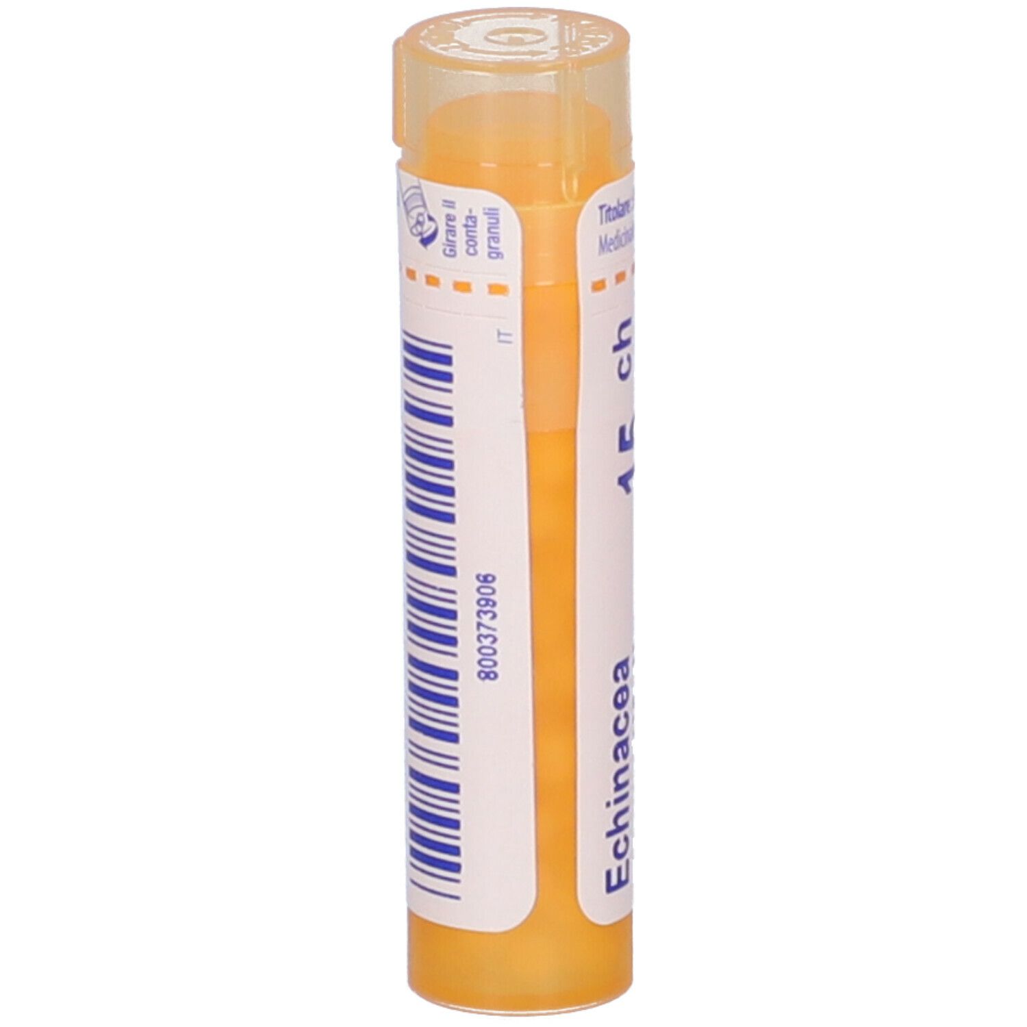 Tubo giallo con coperchio trasparente. Scritte: Echinacea, 15 ch, IT, 800373906.