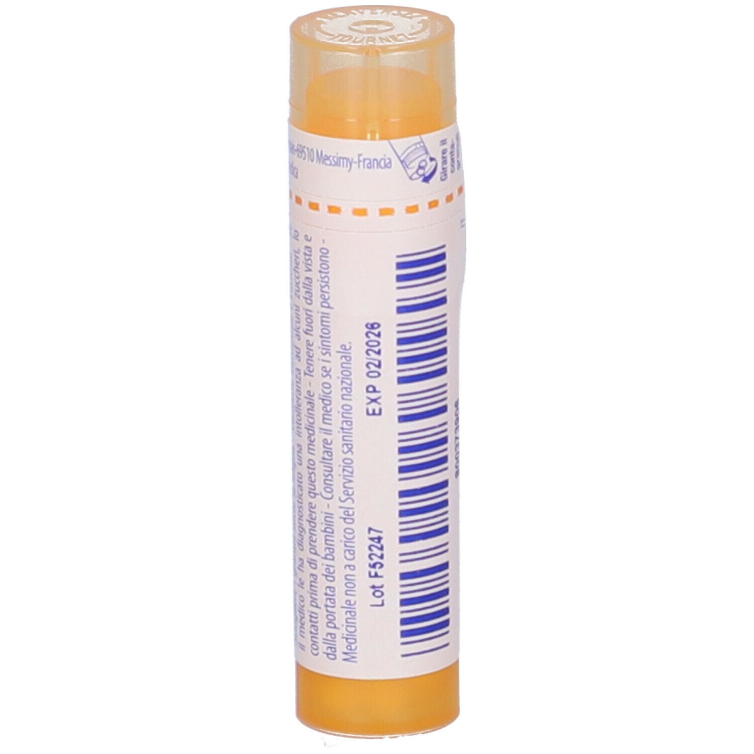 Tubo giallo con coperchio trasparente. Scritte: EXP 02/2026, Lot FS2247.