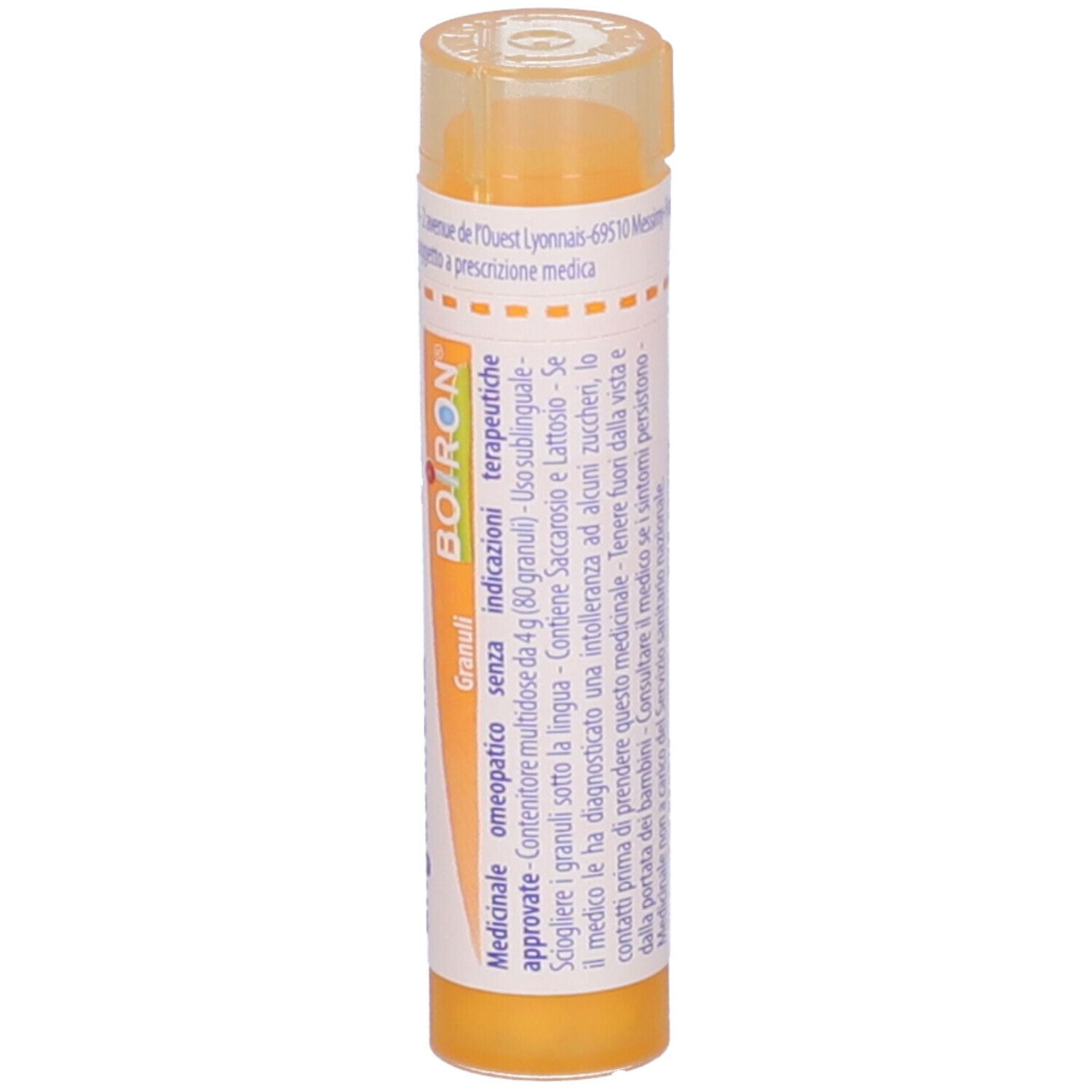 Tubo giallo con coperchio trasparente. Scritte: BOIRON, Granuli, Medicinale, terapeutico.