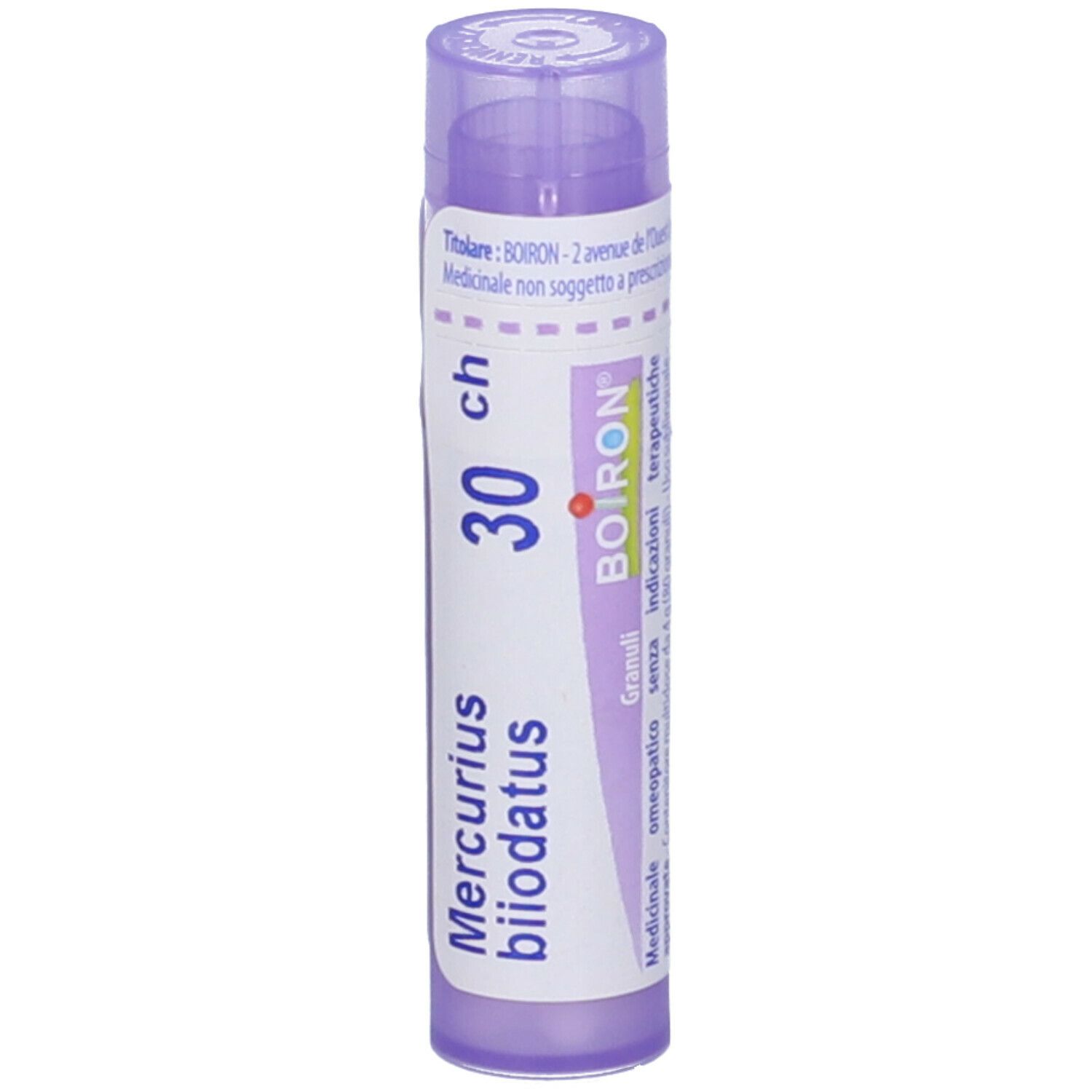 Confezione cilindrica, tappo viola. Scritta: Mercurius biiodatus, 30 ch, BOIRON. Granuli. Vista verticale.