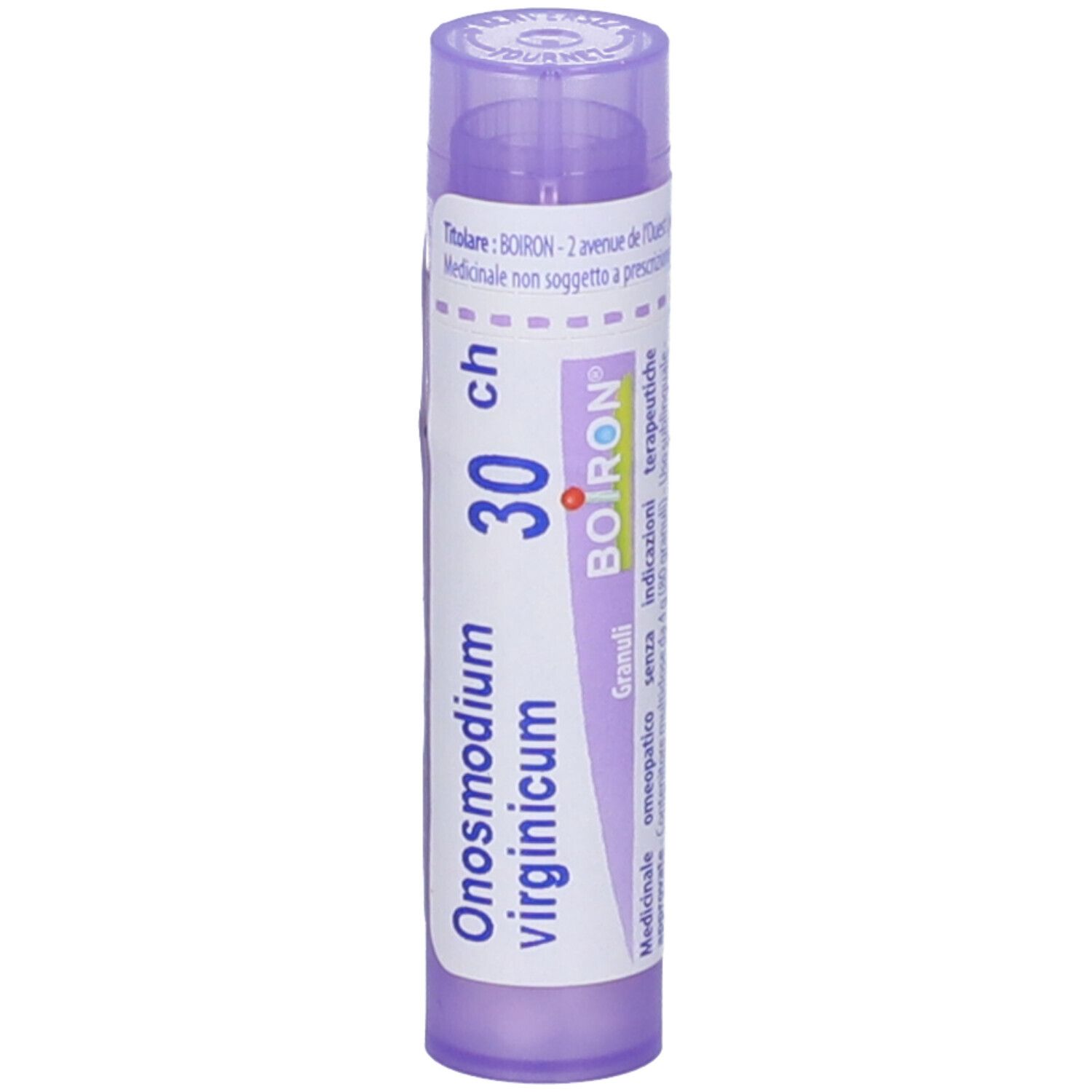 Tubo lilla con testo bianco. Scritta: Onosmodium virginicum, 30 ch, BOIRON, Granuli.