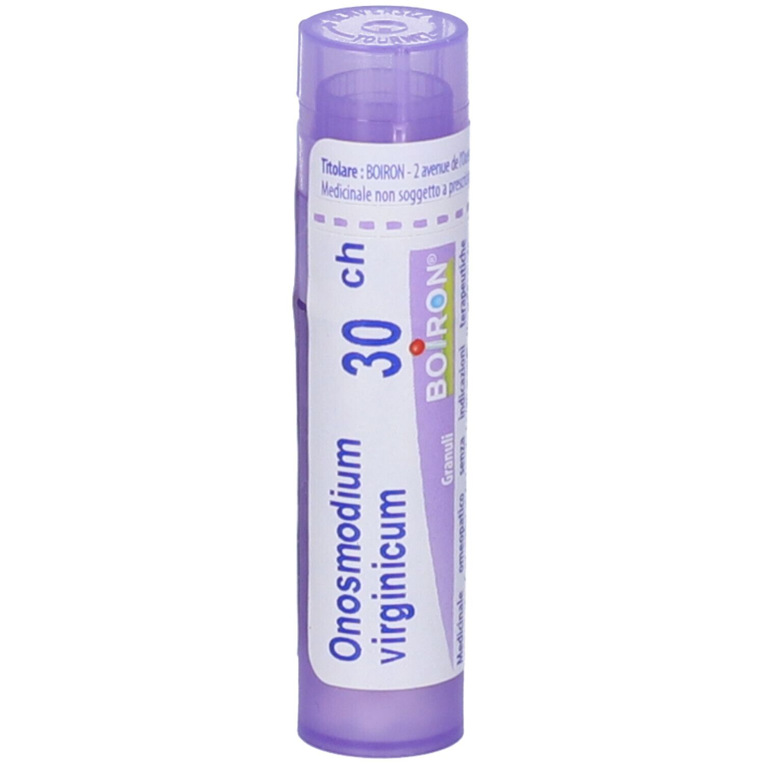 Tubo lilla con testo bianco. Scritta: Onosmodium virginicum, 30 ch, BOIRON, Granuli.