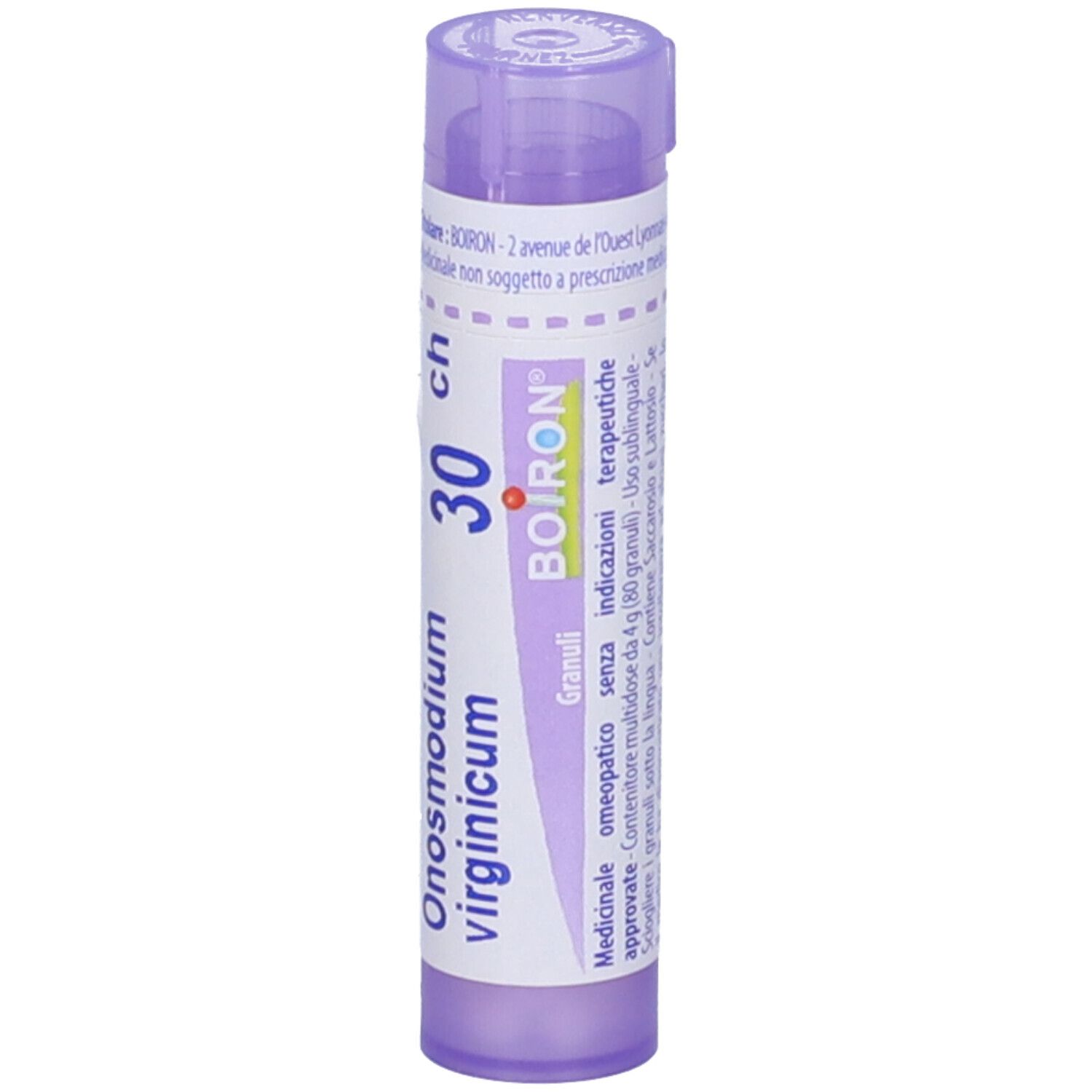 Tubo lilla con testo bianco. Scritta: Onosmodium virginicum, 30 ch, BOIRON, Granuli.