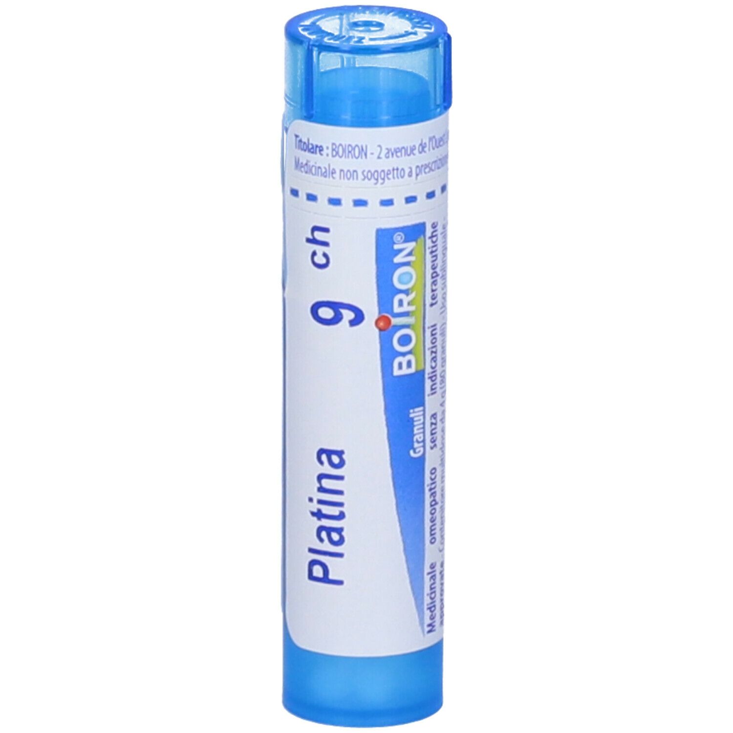 Flacone cilindrico blu con etichetta bianca.  "Platina 9 ch" e logo Boiron.