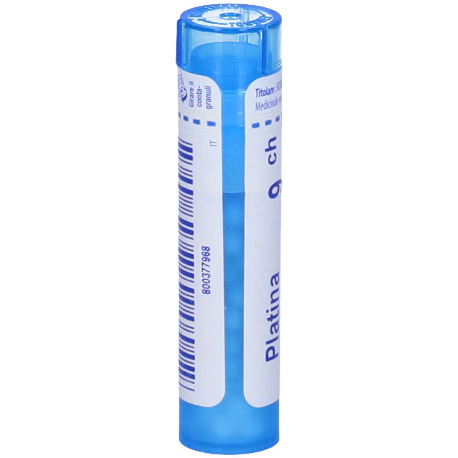 Flacone cilindrico blu con etichetta bianca.  "Platina 9 ch".