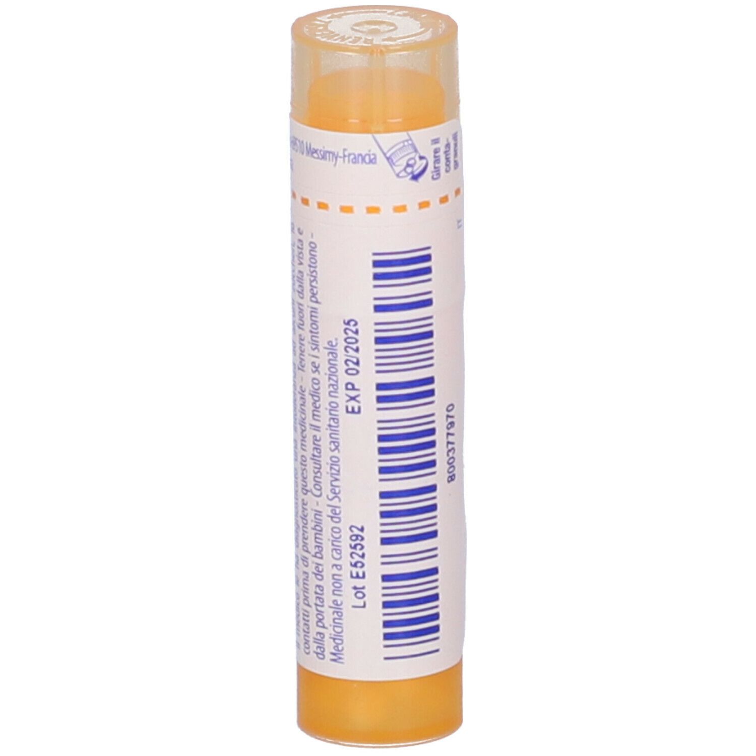 Confezione cilindrica gialla con scritta bianca. Scritta: Plumbum metallicum 15 ch, Boiron. Con etichetta e numero di lotto.