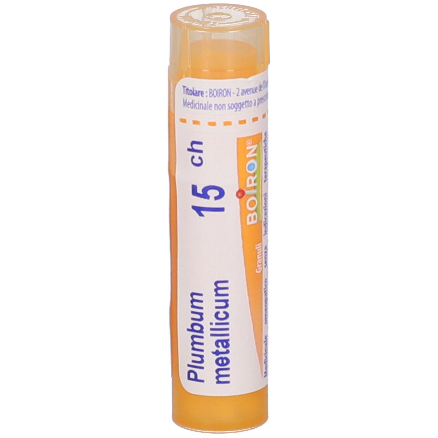 Confezione cilindrica gialla con scritta bianca. Scritta: Plumbum metallicum 15 ch, Boiron. Con etichetta e data di scadenza.