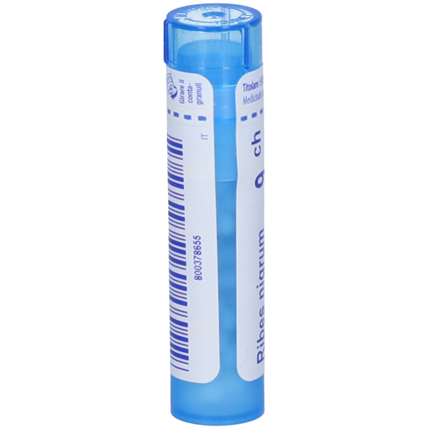Tubo blu con scritta Ribes nigrum 9 ch e codice a barre.