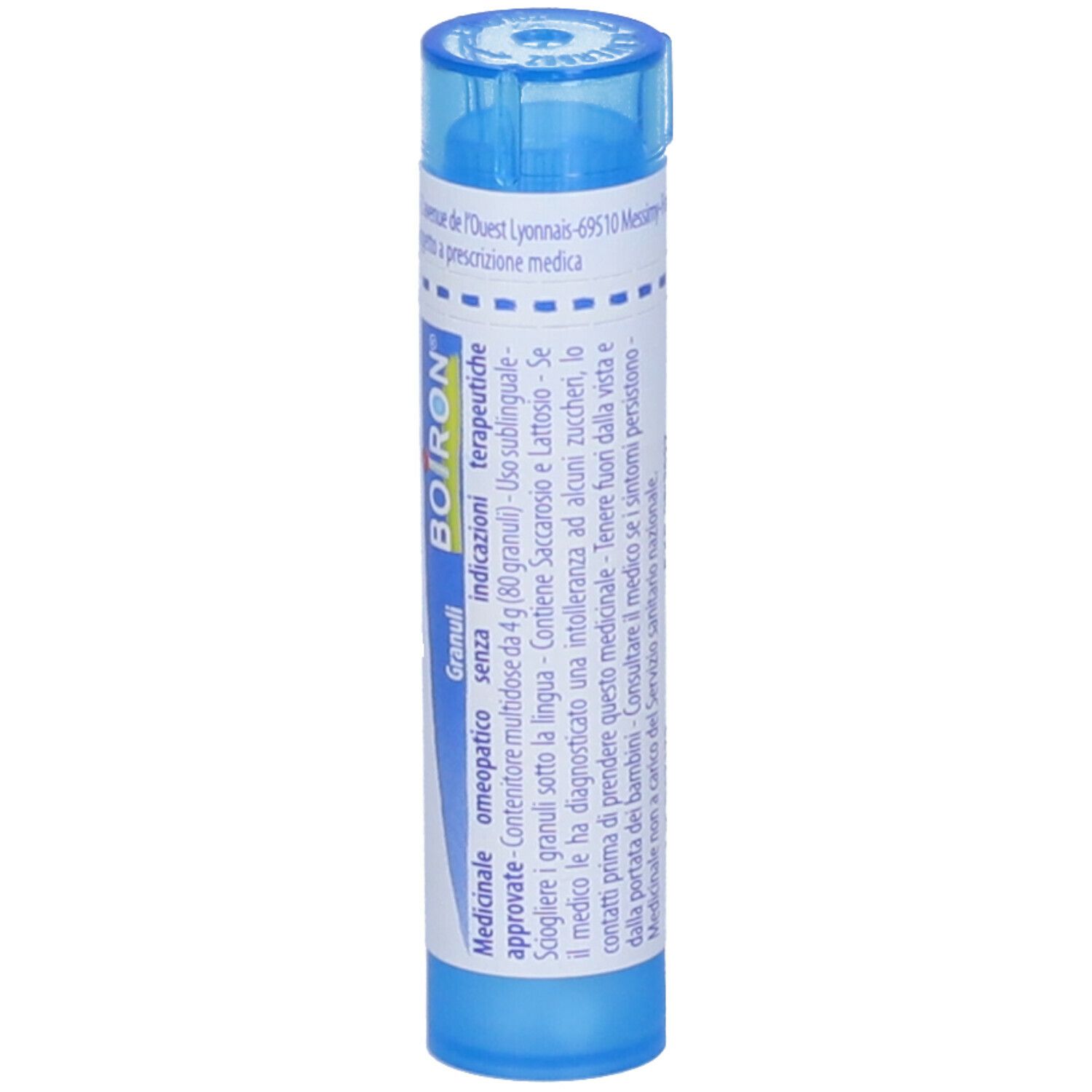 Tubo blu con scritta Ribes nigrum 9 ch, logo BOIRON e Granuli.