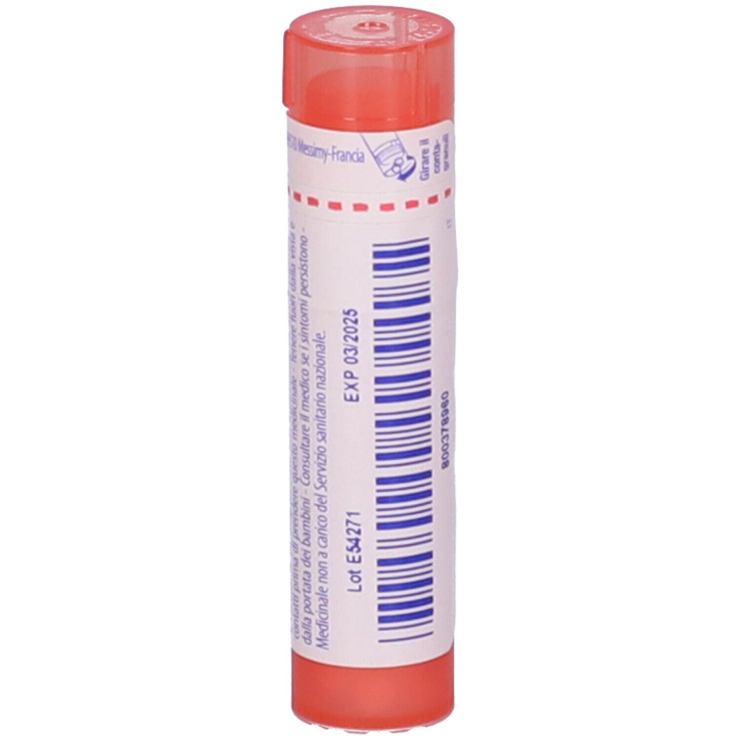 Confezione cilindrica con tappo rosa. Scritta: Sarsaparilla 7 ch. Scadenza e altre informazioni.
