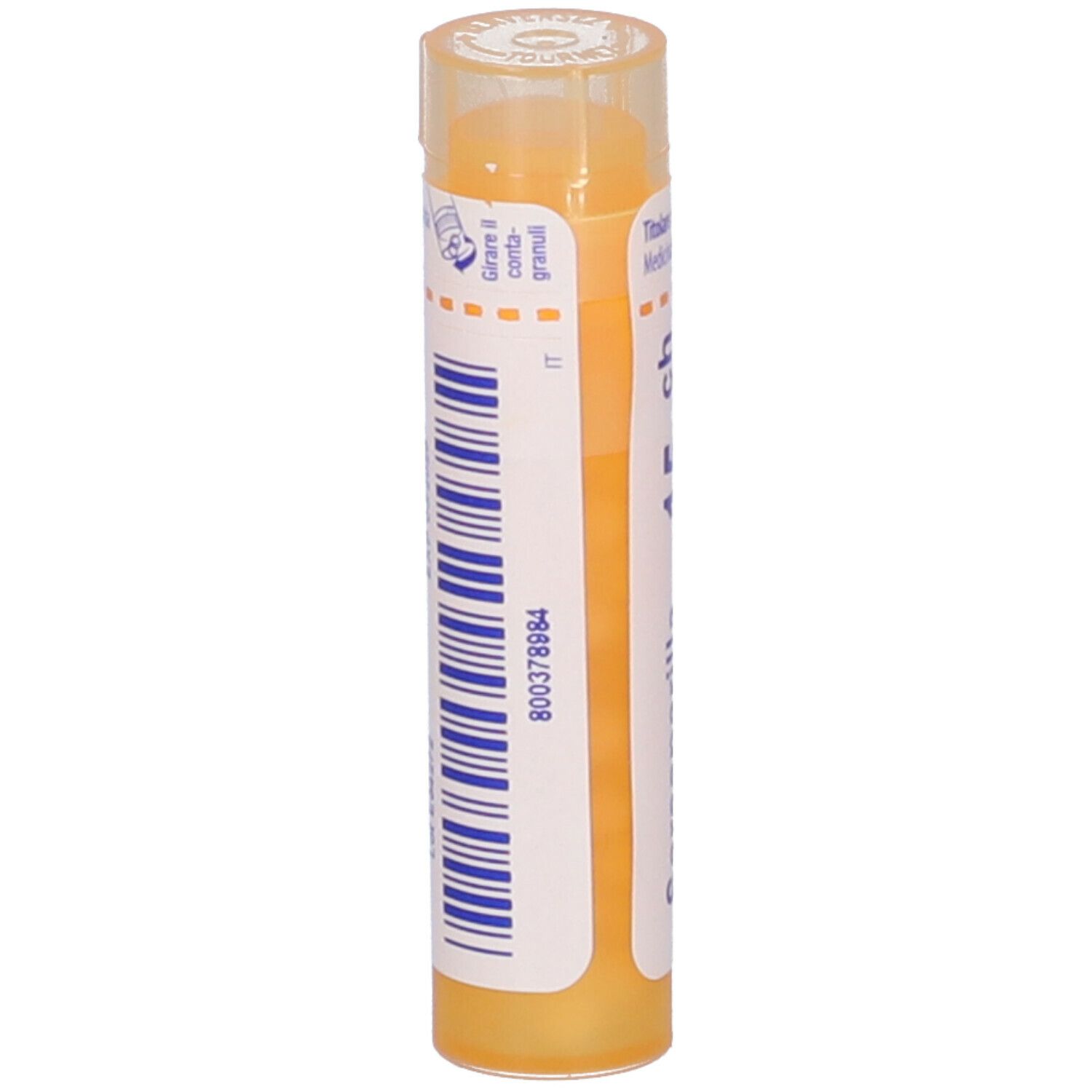 Confezione cilindrica con codice a barre e testo. Etichetta giallo-arancio, tappo trasparente. Nome del prodotto non visibile.