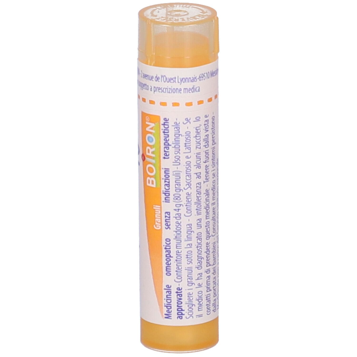 Confezione cilindrica con testo e scritta Boiron. Etichetta giallo-arancio, tappo trasparente. Nome del prodotto non visibile.