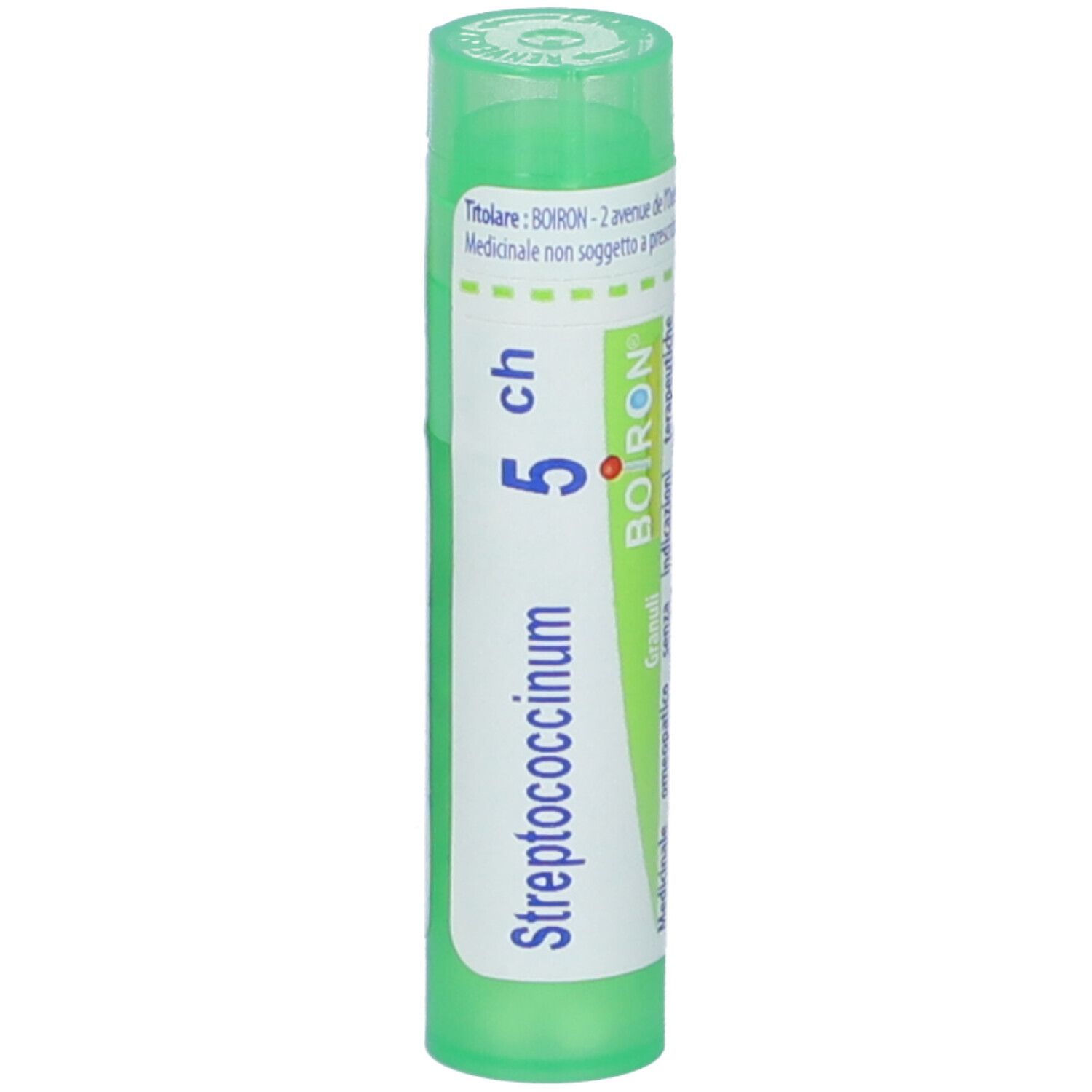 Confezione cilindrica verde con 'Streptococcinum 5 ch' e logo Boiron. Orientamento verticale.