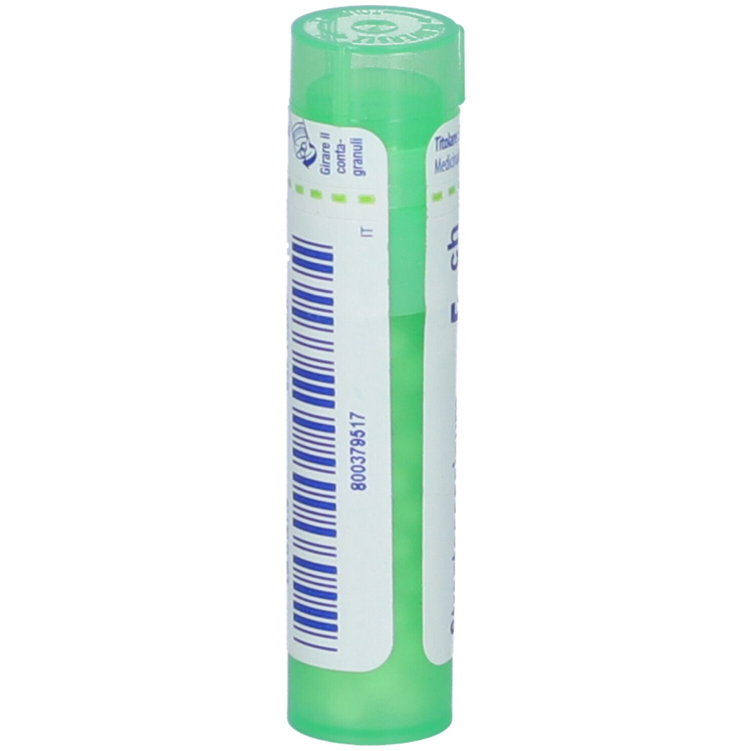 Confezione cilindrica verde con codice a barre e 'Streptococcinum 5 ch'. Vista laterale.