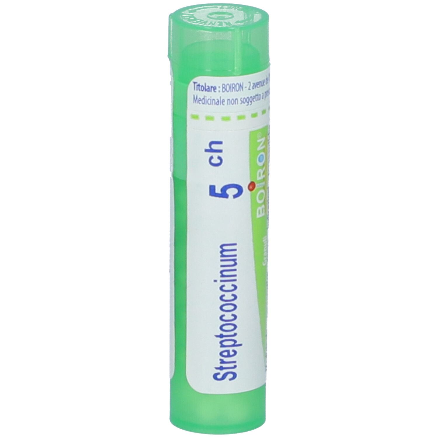 Confezione cilindrica verde con 'Streptococcinum 5 ch' e logo Boiron. Orientamento verticale.