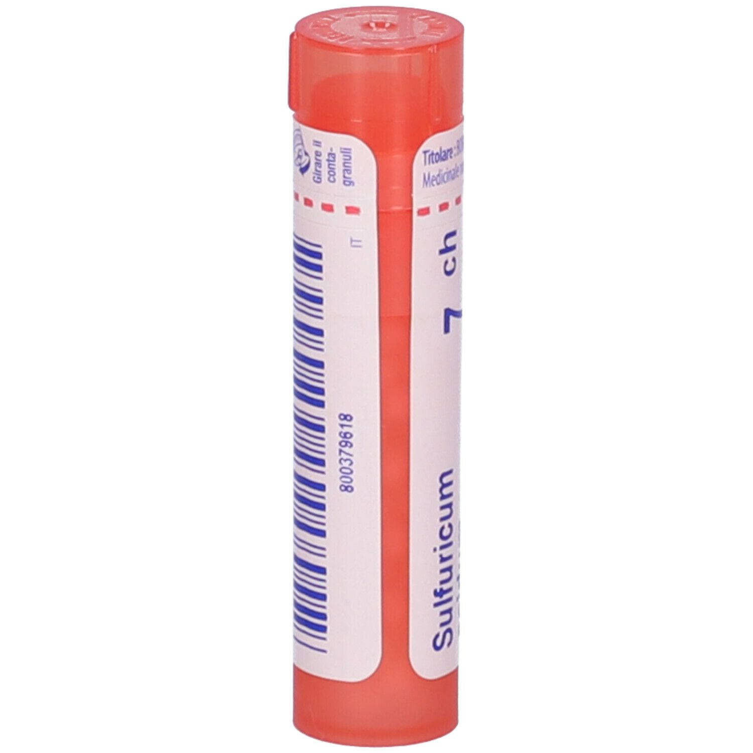 Confezione cilindrica di Sulfuricum acidum 7Ch. Scritte: Sulfuricum acidum, 7 ch. Codice a barre e codice IT.