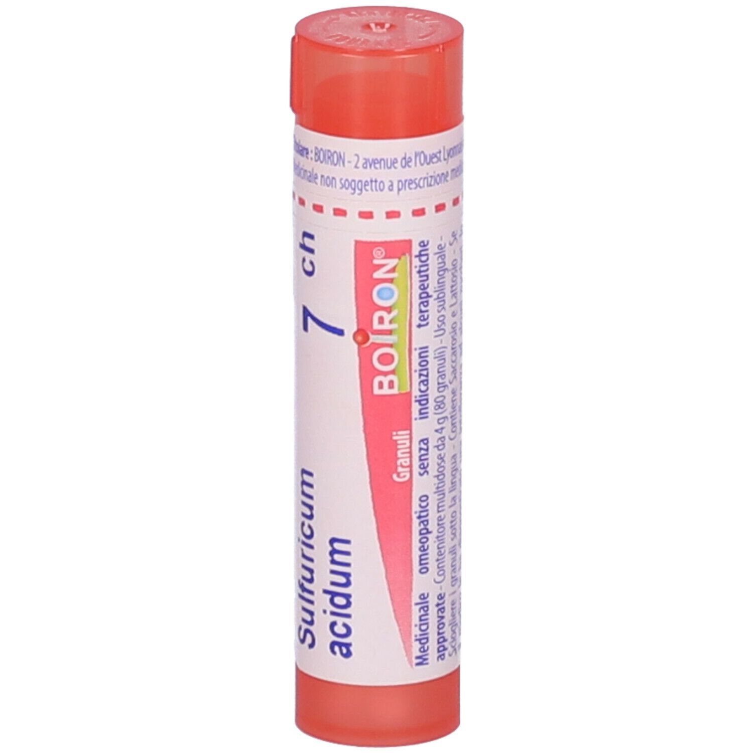 Confezione cilindrica di Sulfuricum acidum 7Ch. Scritte: Sulfuricum acidum, 7 ch, BOIRON, Granuli. Tappo rosso.