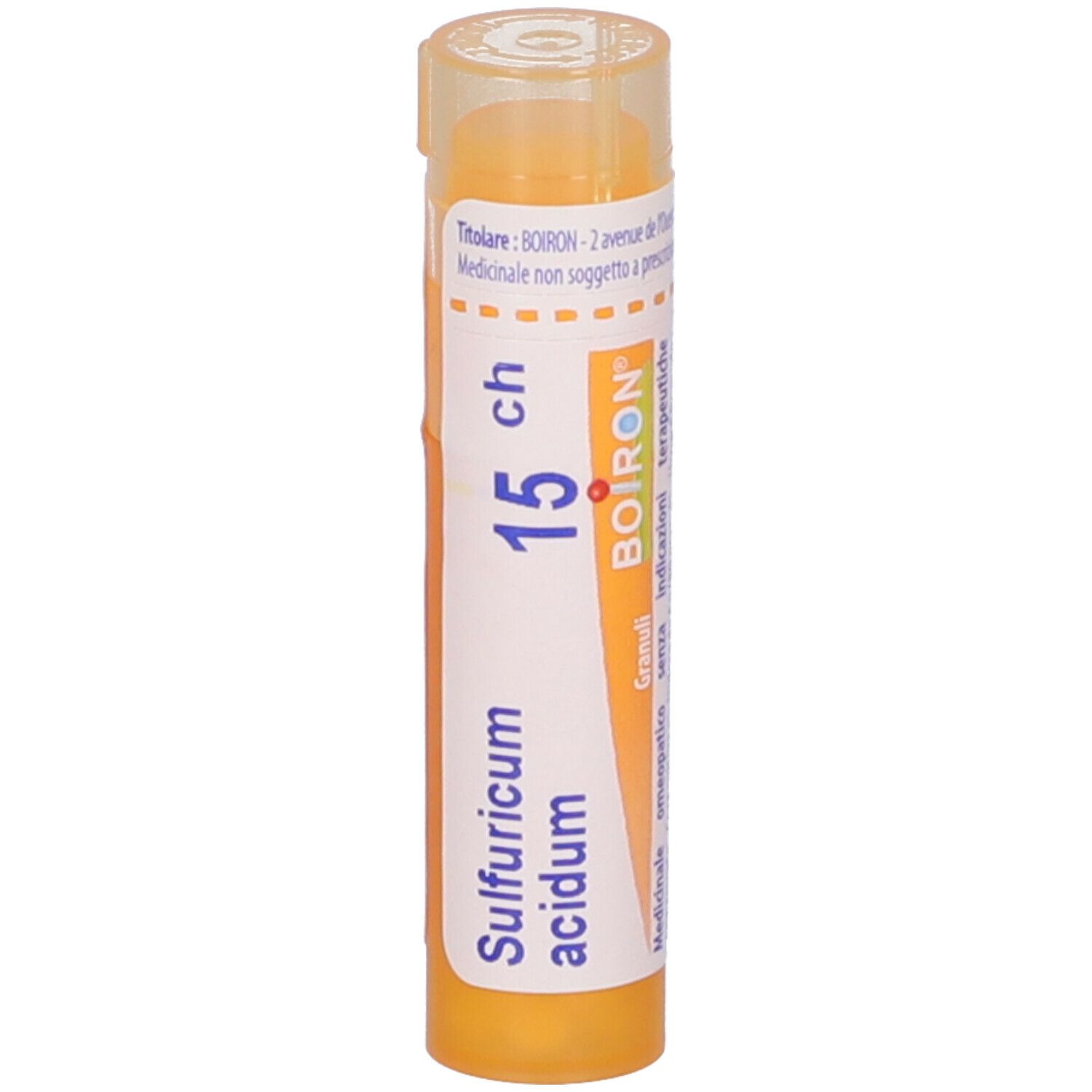 Confezione cilindrica gialla. Scritta: Sulfuricum acidum 15 ch, BOIRON. Granuli. Apertura dosaggio visibile.
